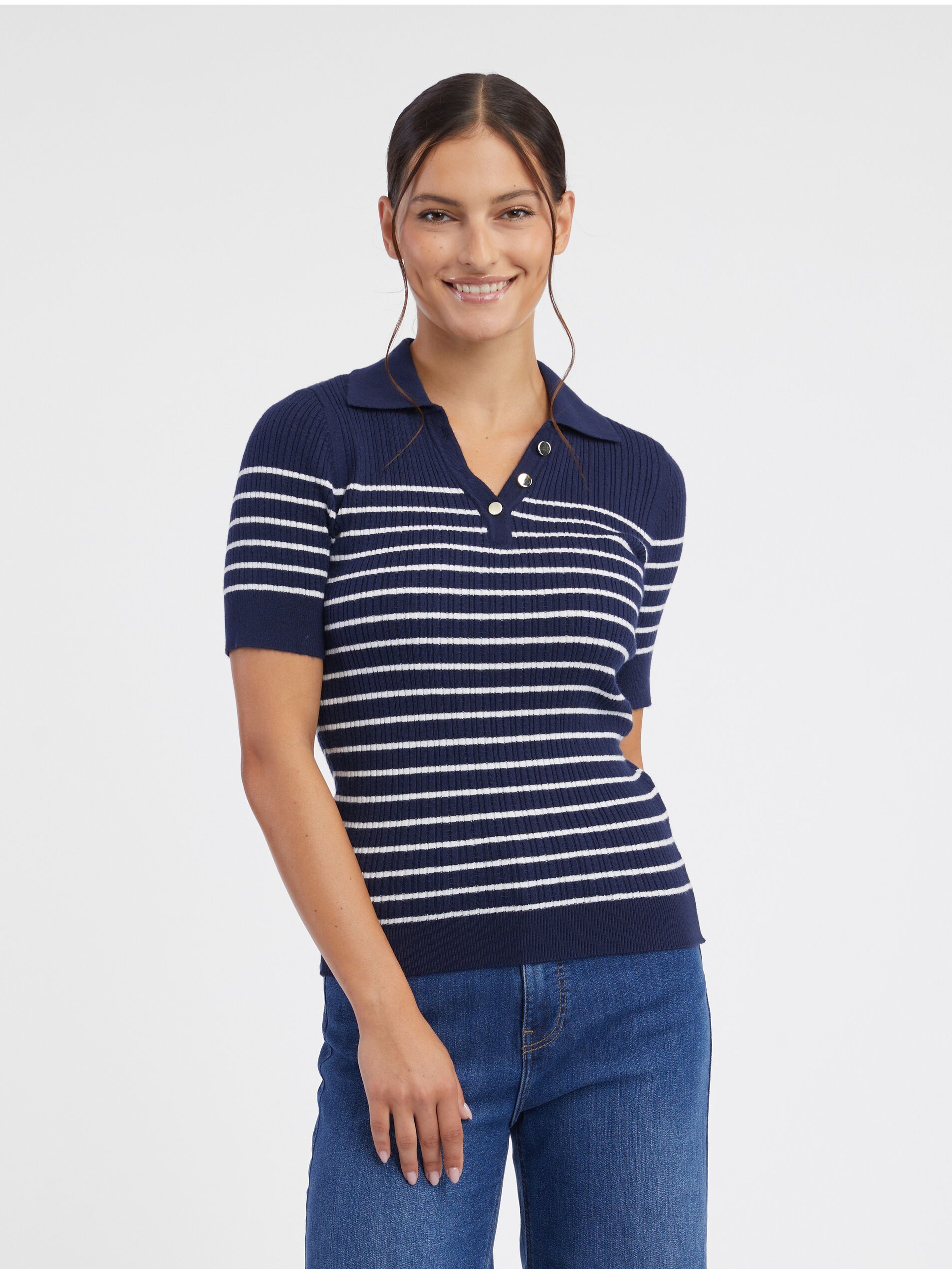 Dunkelblaues gestreiftes Damen-Strick-Poloshirt ORSAY