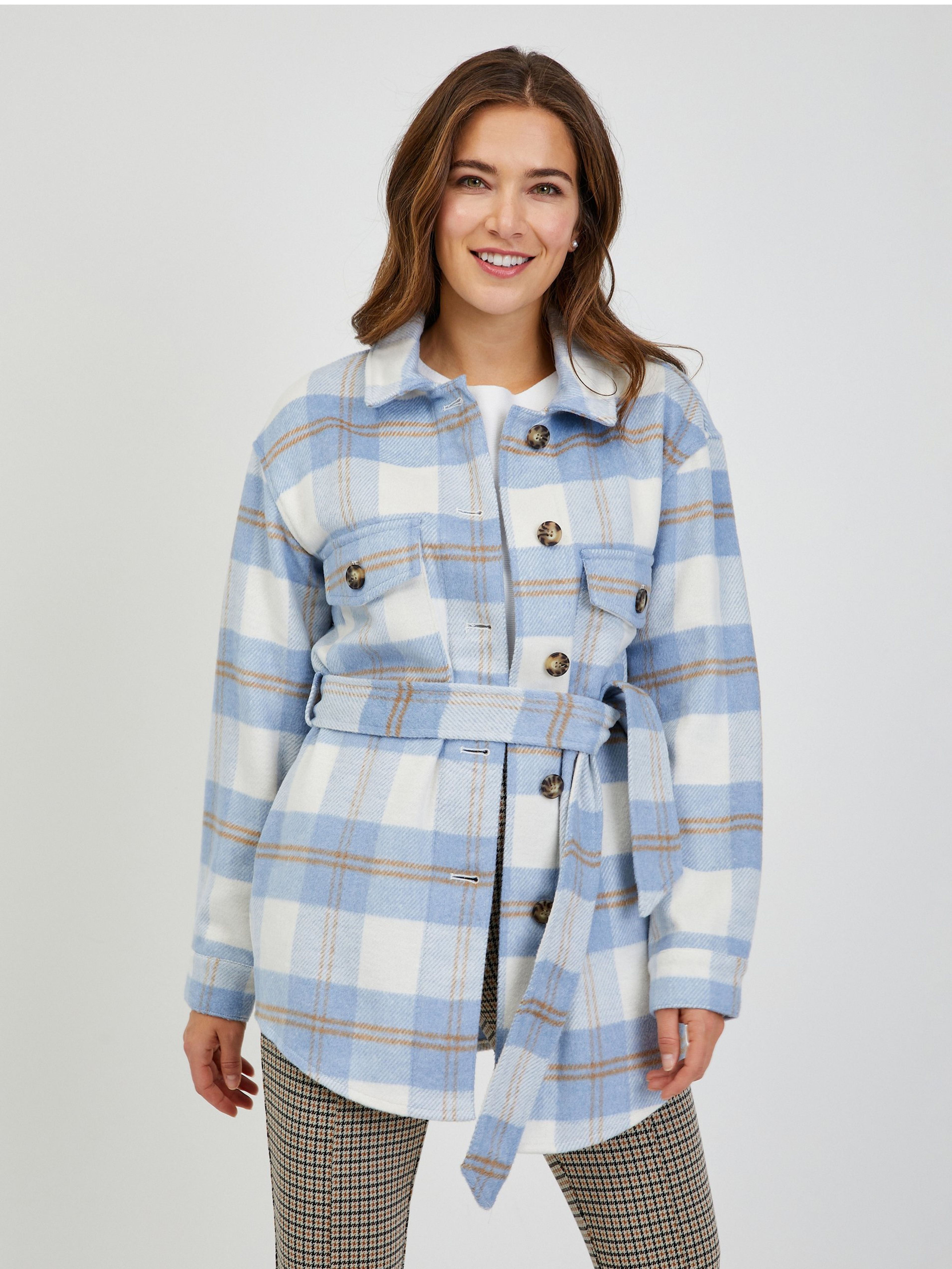 Weiß-blau karierte Damen-Hemdjacke mit Bindung ORSAY