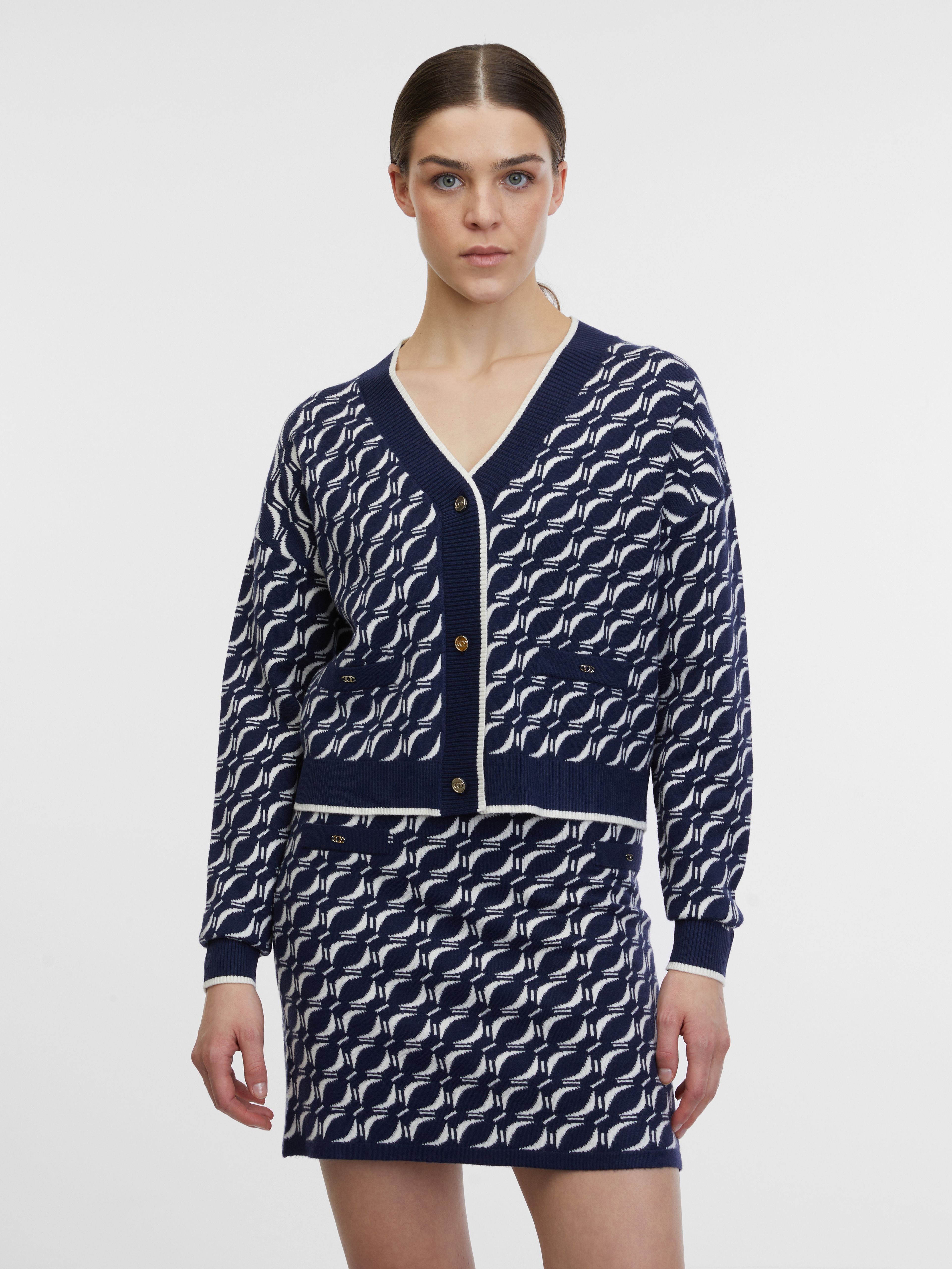 Dunkelblaue gemusterte Damen-Strickjacke ORSAY