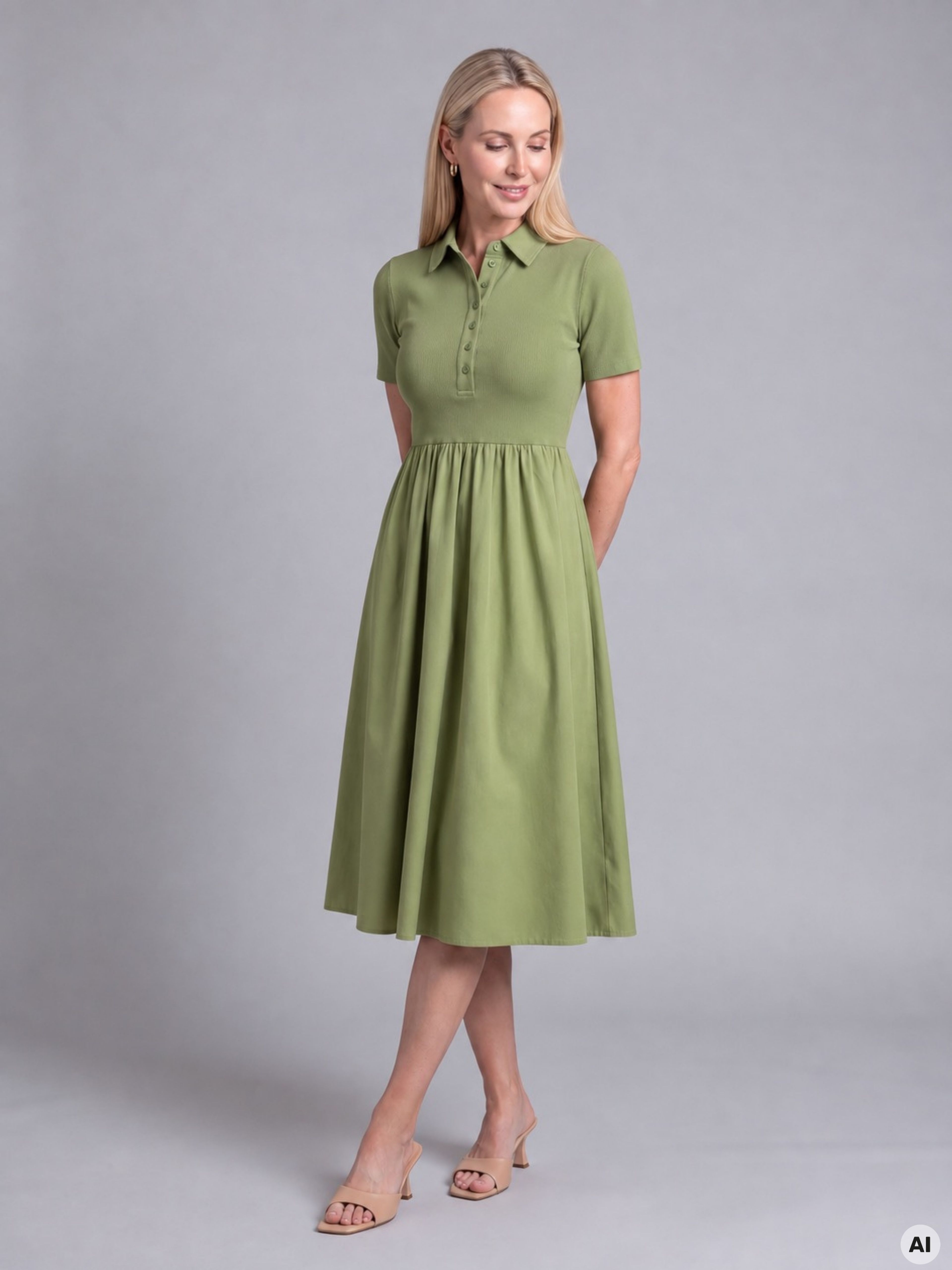 Rochie midi în A pentru femei verde cu mâneci scurte ORSAY - 004