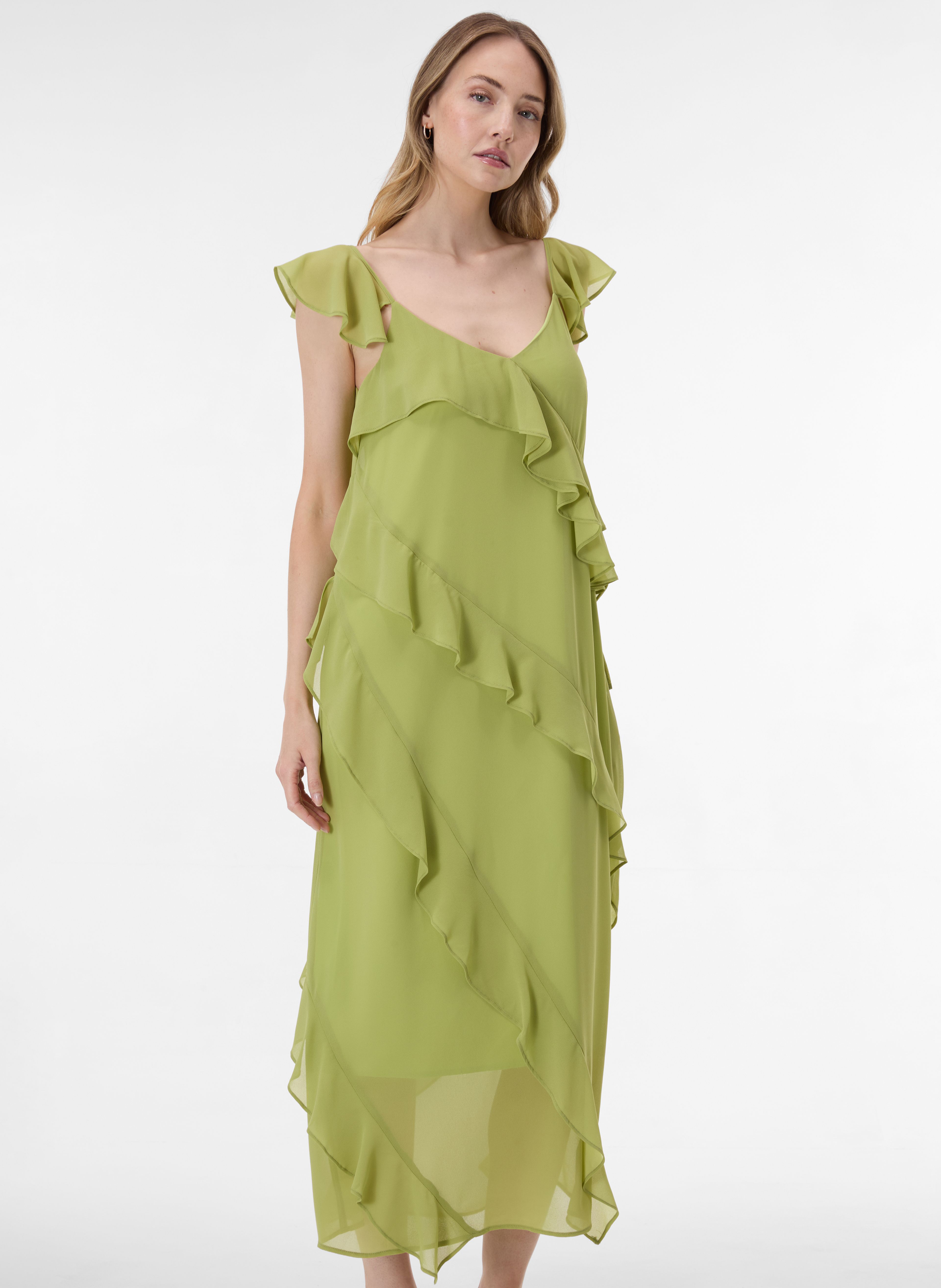 Hellgrünes Damen-Maxikleid in A-Linie mit Volants ORSAY - 002