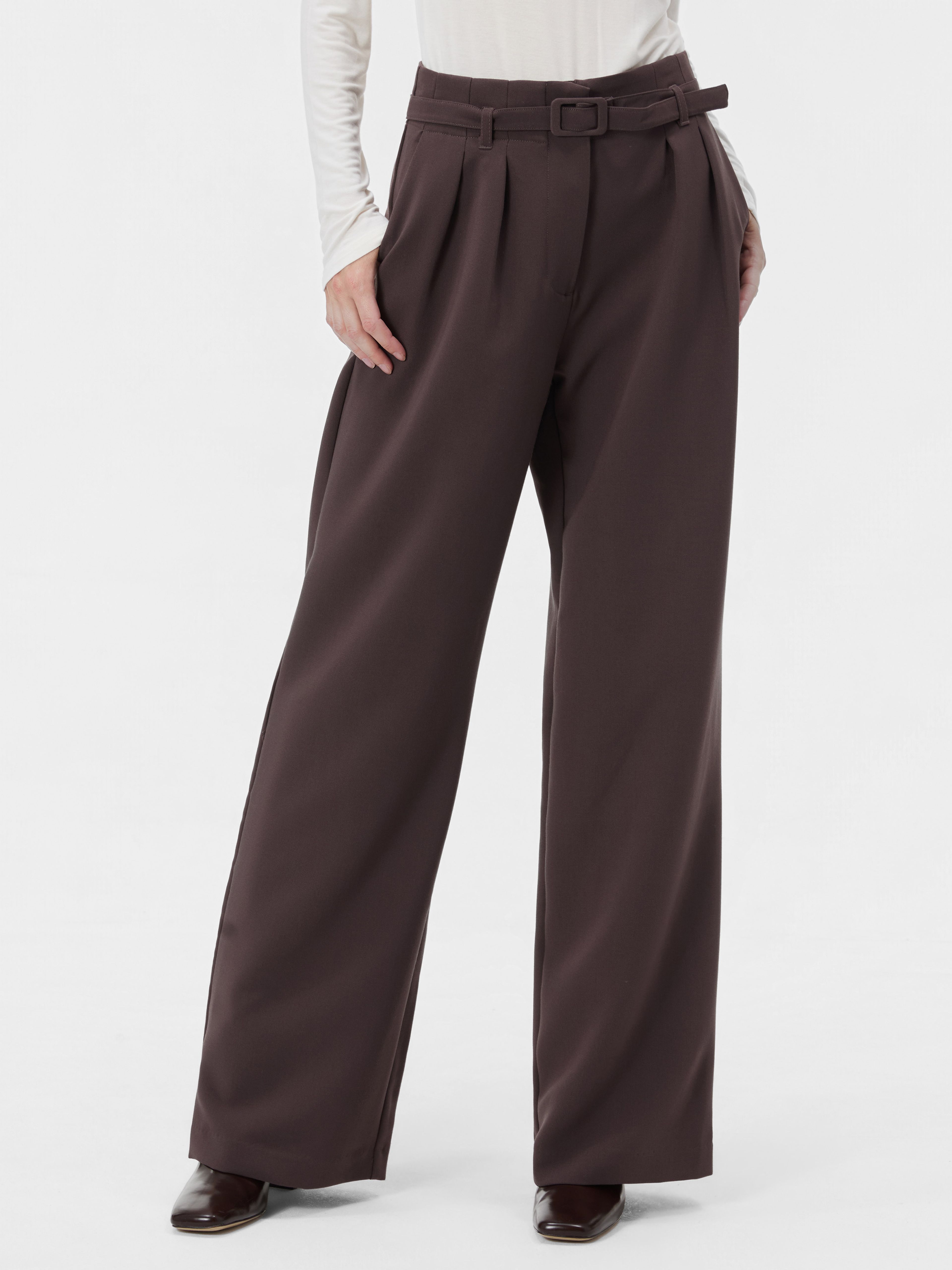 Brązowe damskie spodnie wide leg z wysokim stanem ORSAY - 001