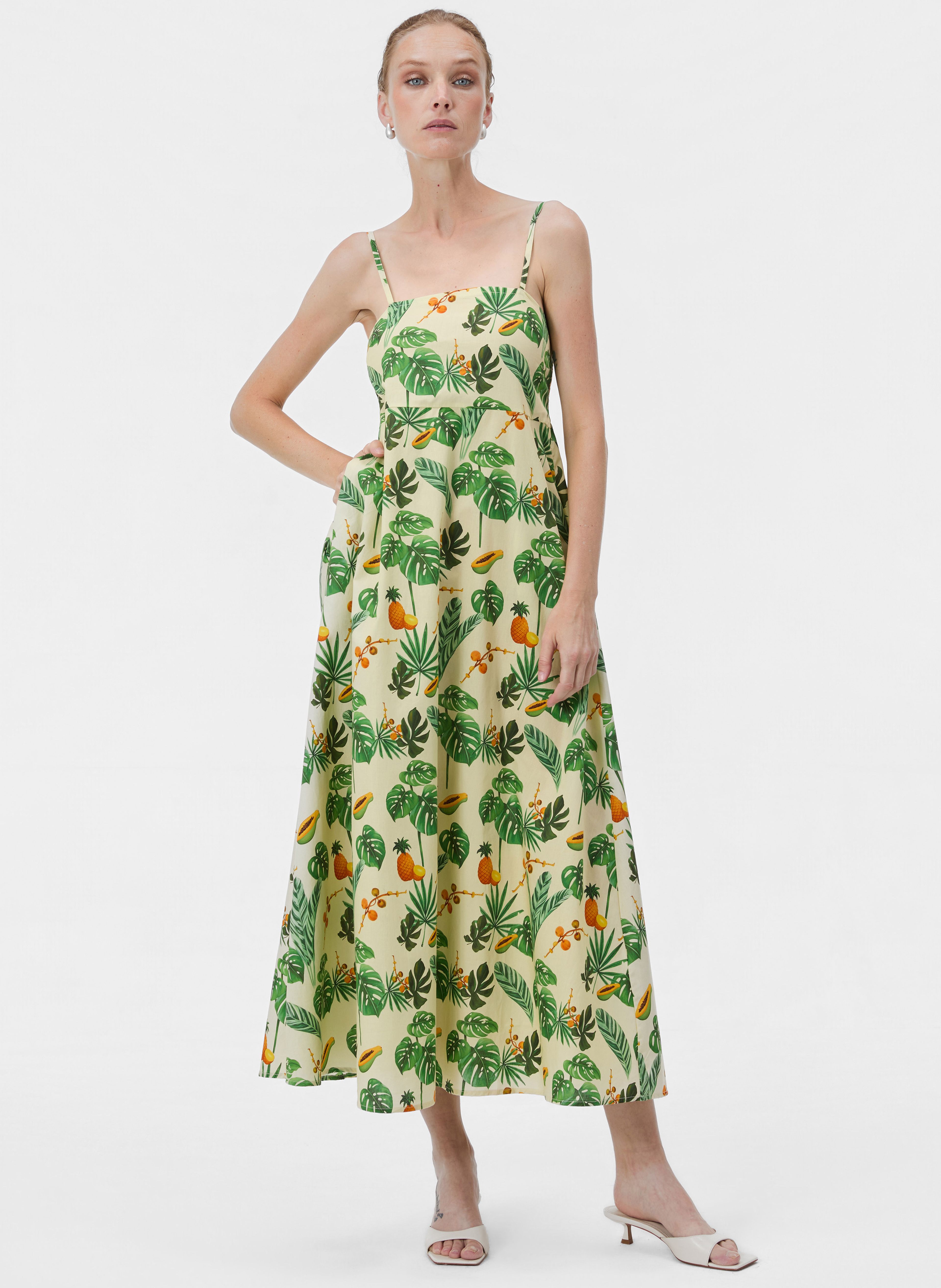 Grünes Damen-A-Linien-Midikleid mit Tropenmuster und Trägern ORSAY - 002