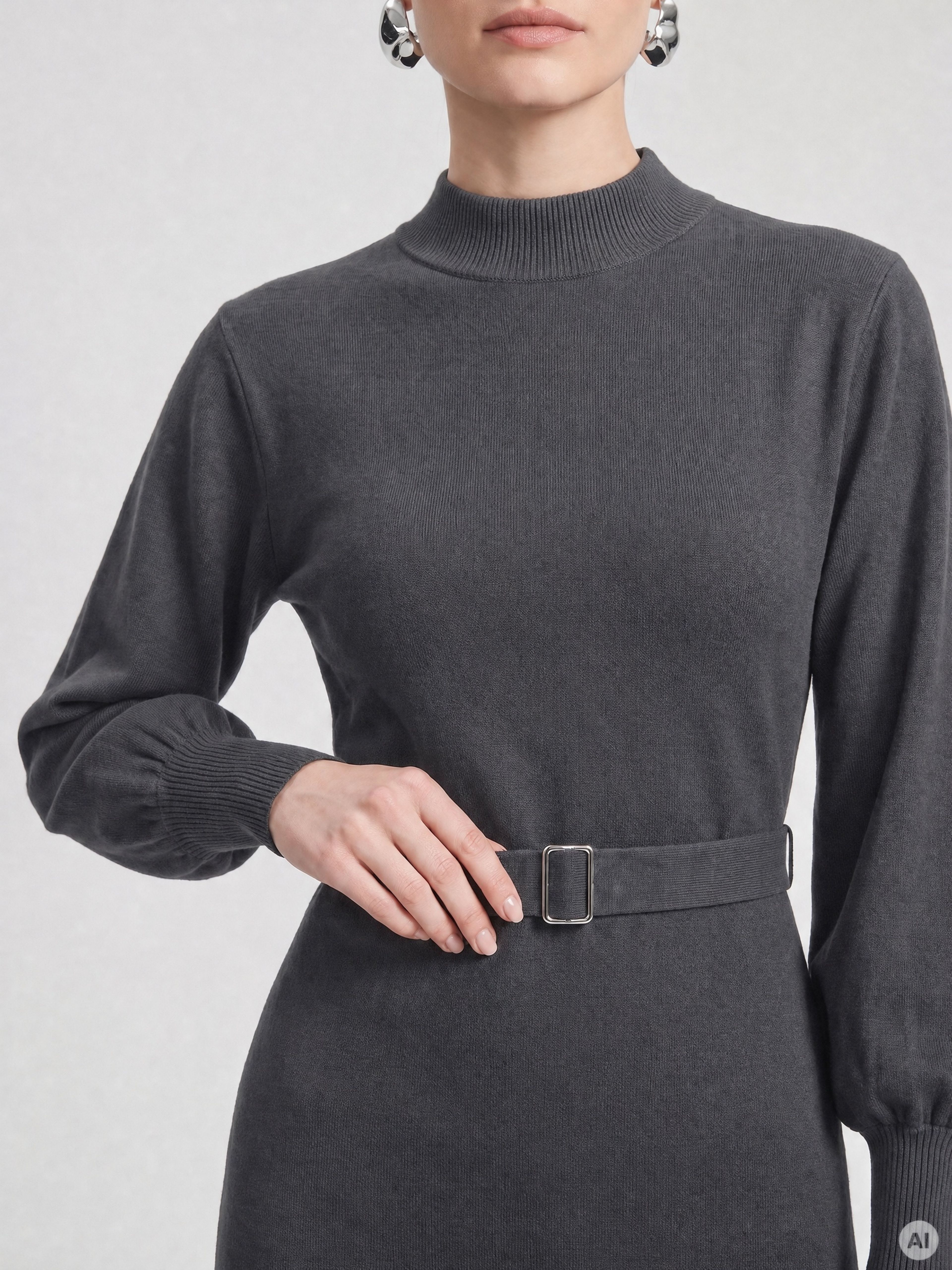 Dunkelgraues kurzes Damen-Etuikleid mit langen Ärmeln ORSAY - 004