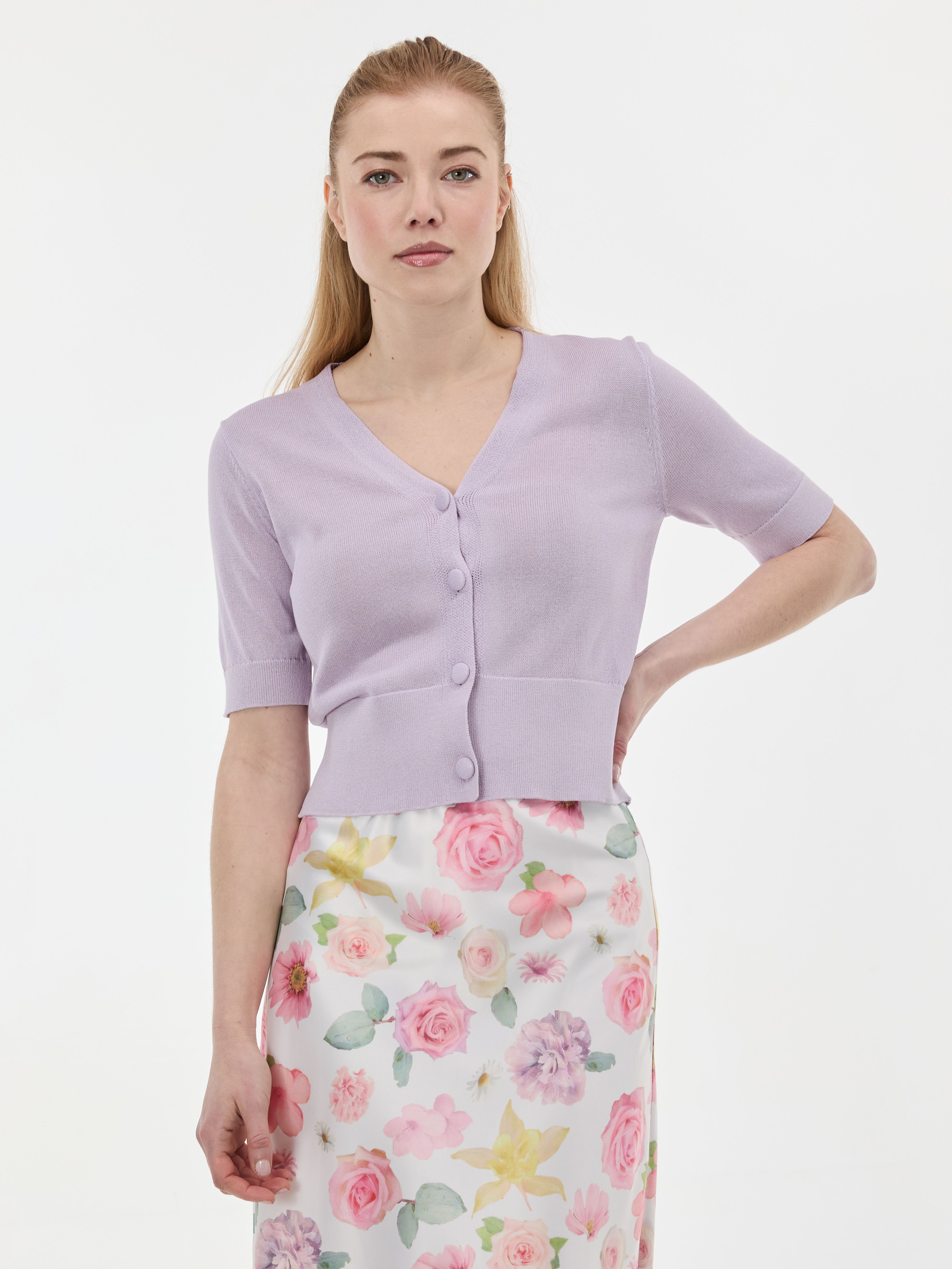 Jasnofioletowy damski kardigan z krótkim rękawem ORSAY