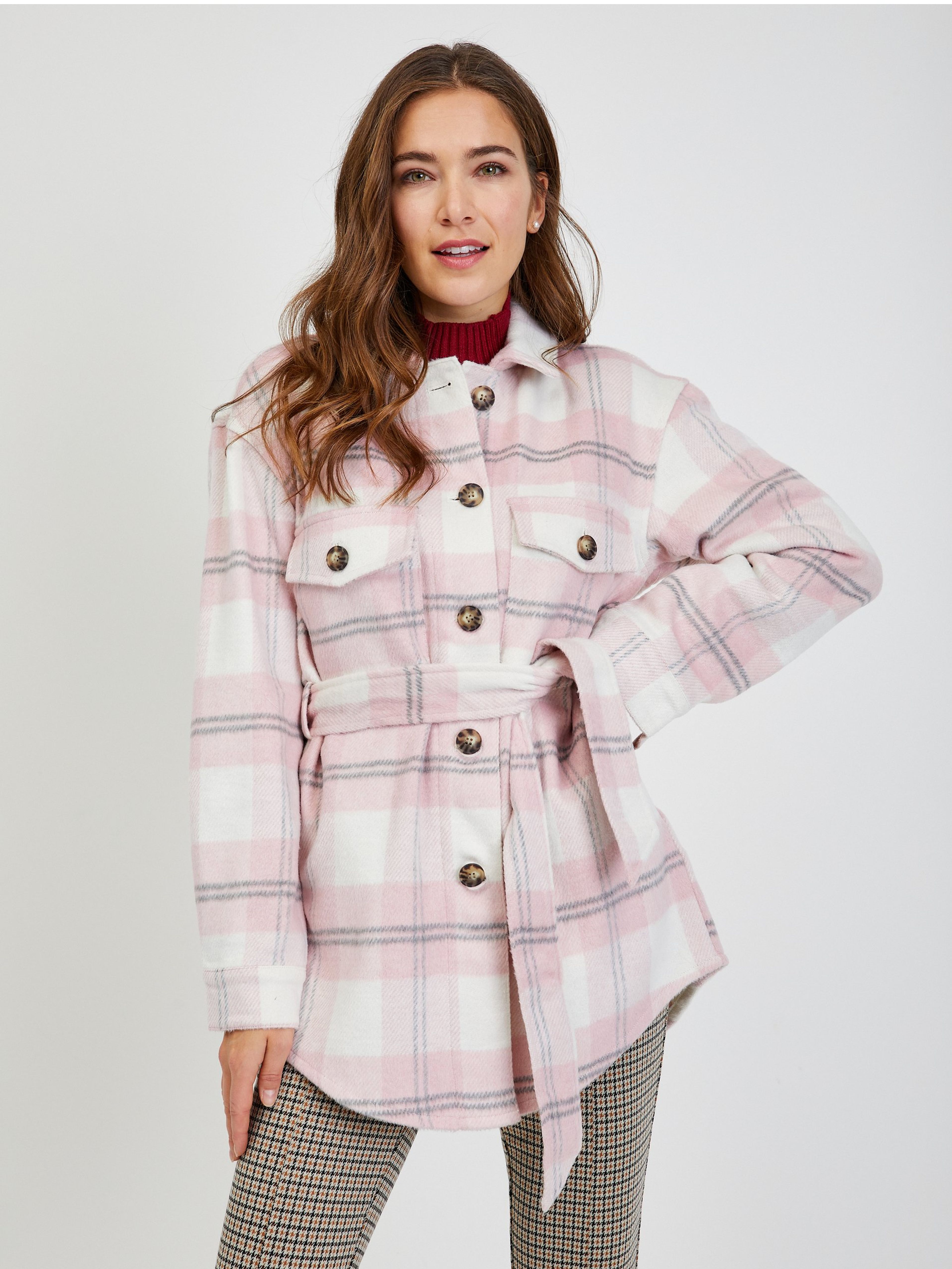 Weiß-rosa karierte Damen Hemdjacke mit Schnürung ORSAY