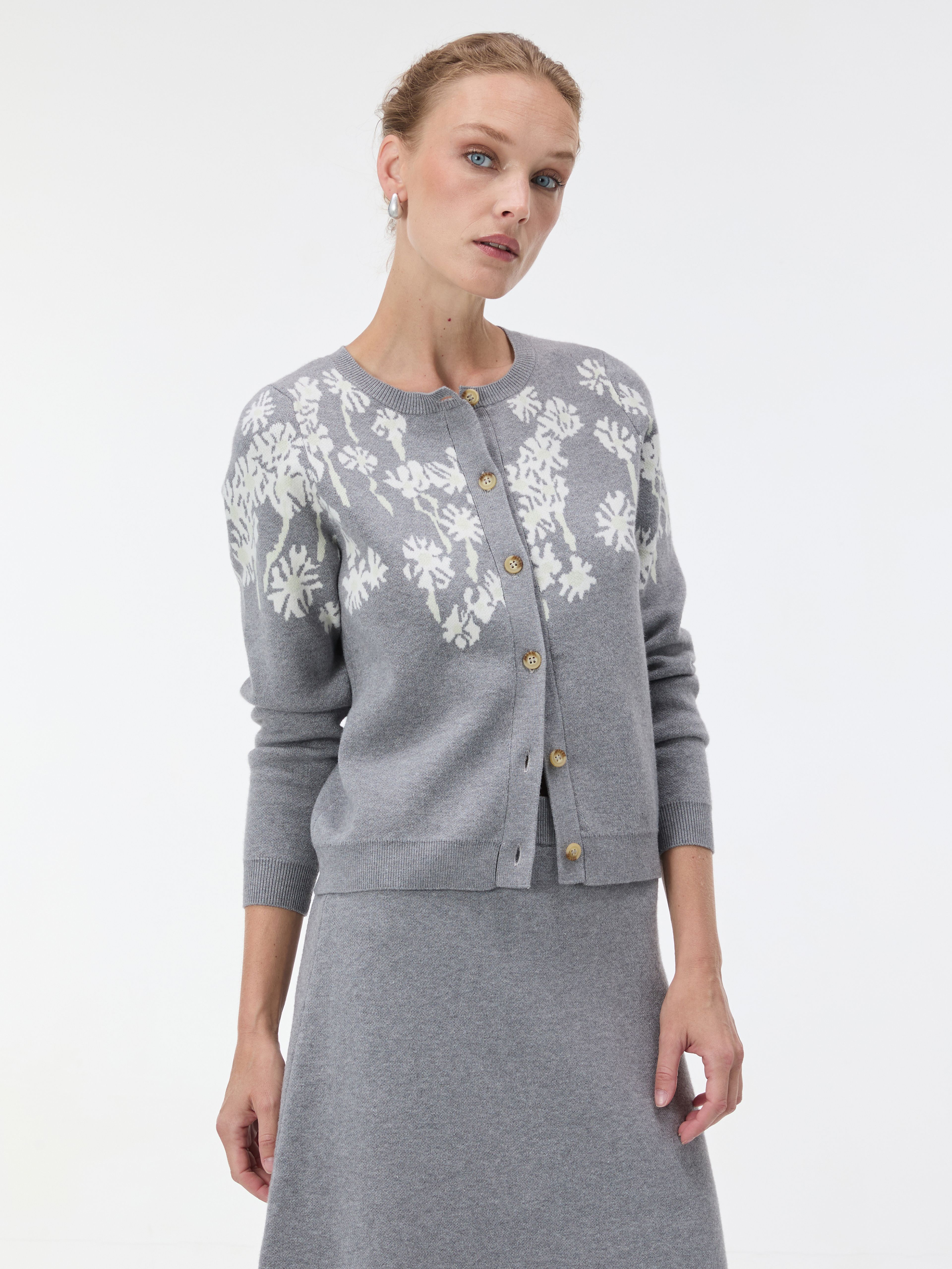 Grauer Damen-Cardigan mit Blumenmuster und langen Ärmeln ORSAY - 001