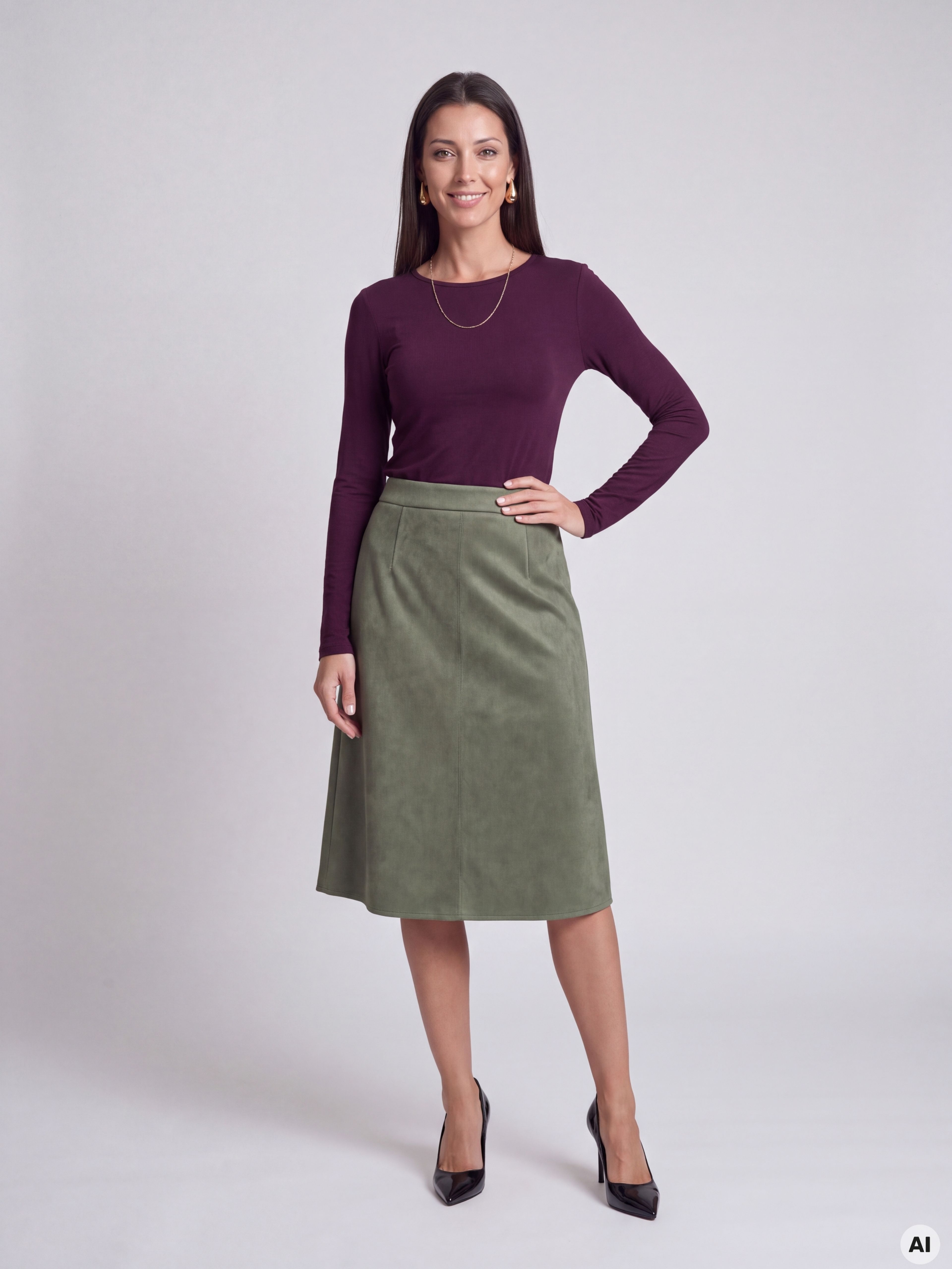 Khakifarbener Damen-Midirock in A-Linie ORSAY - 001
