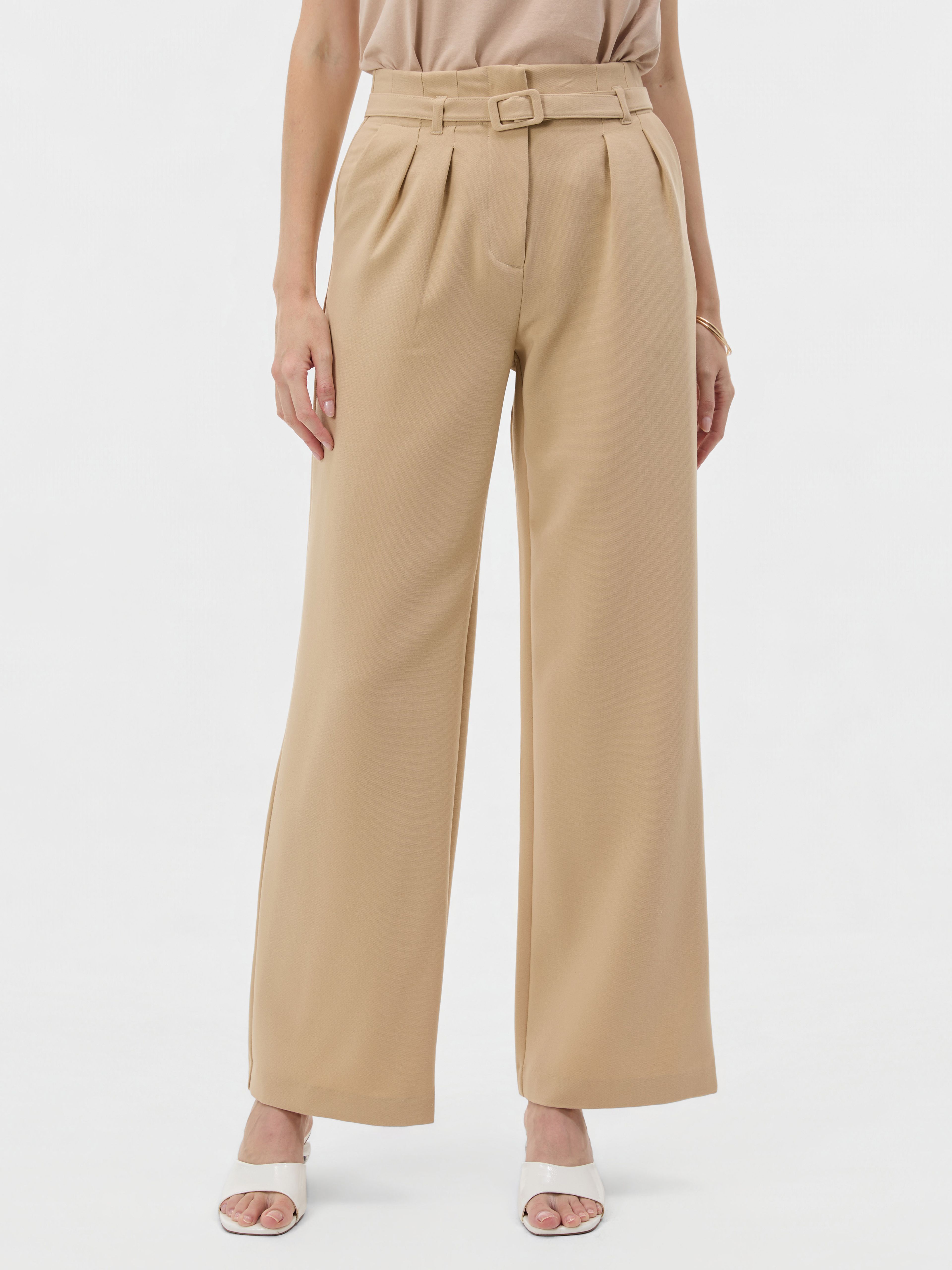 Beige Damenhose mit weitem Bein und hohem Bund ORSAY - 002