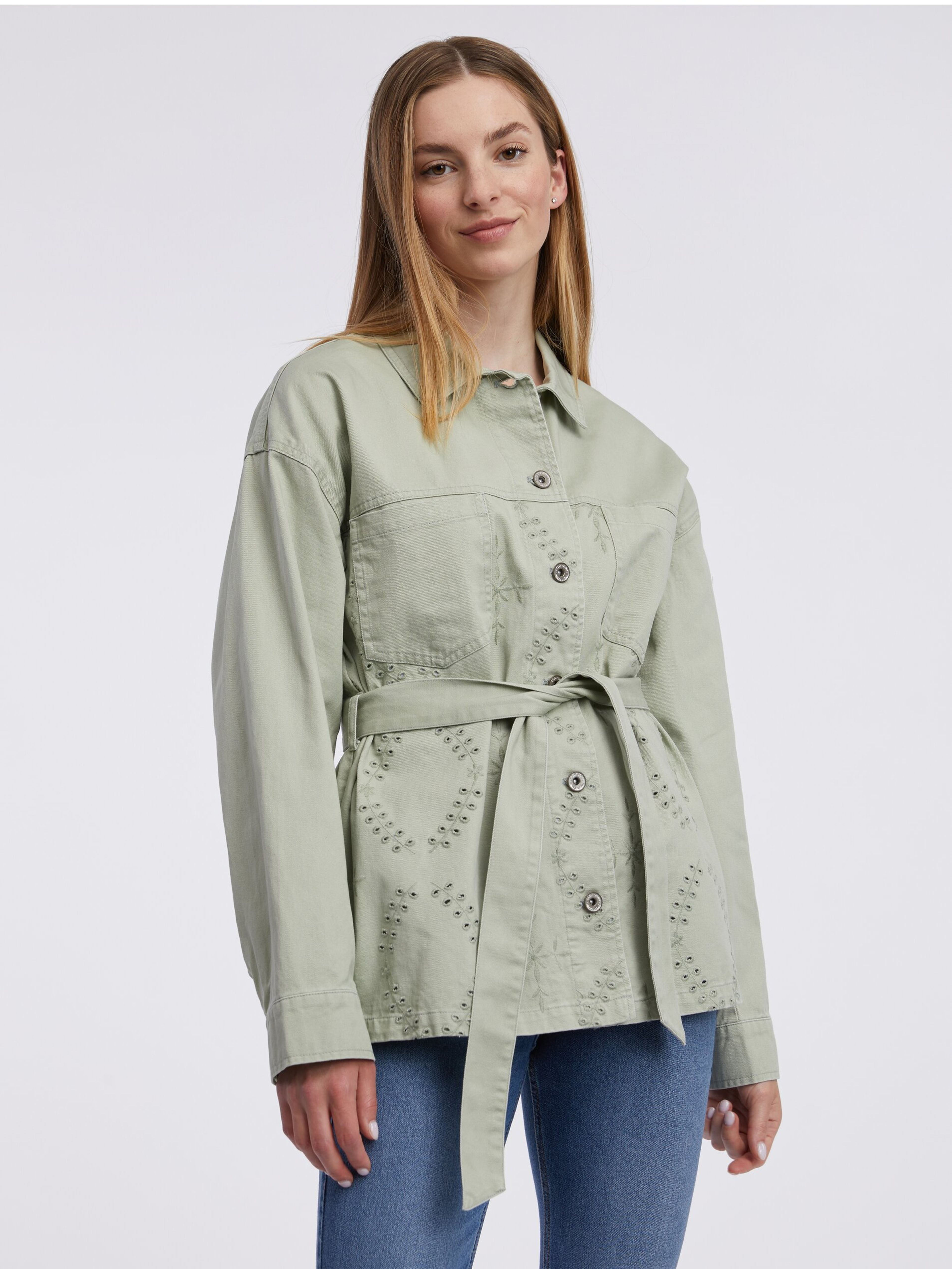 Hellgrüne gemusterte Damen-Jeansjacke ORSAY