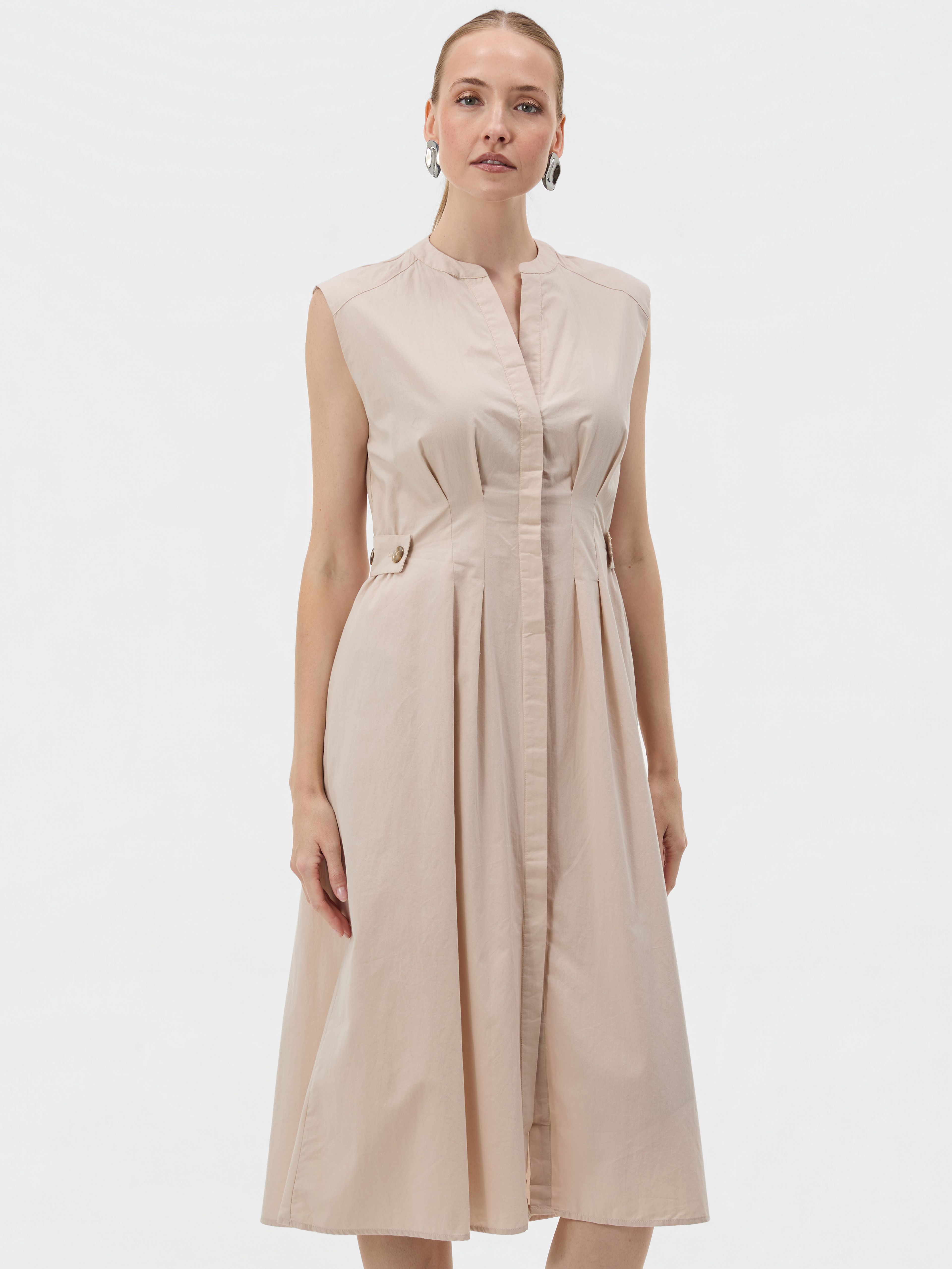 Beiges ärmelloses Damen-Midikleid in A-Linie mit V-Ausschnitt ORSAY - 001