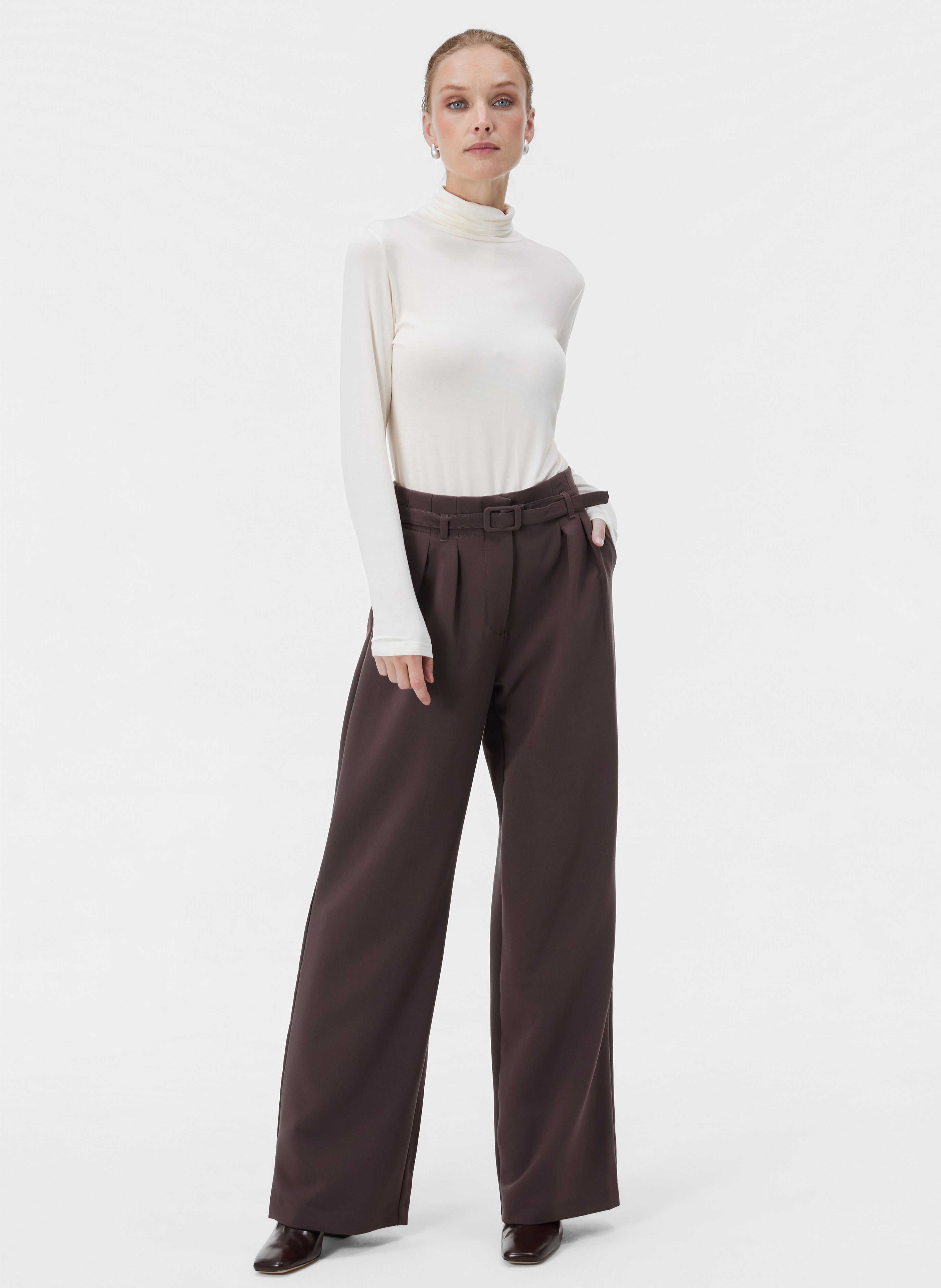 Brązowe damskie spodnie wide leg z wysokim stanem ORSAY - 003