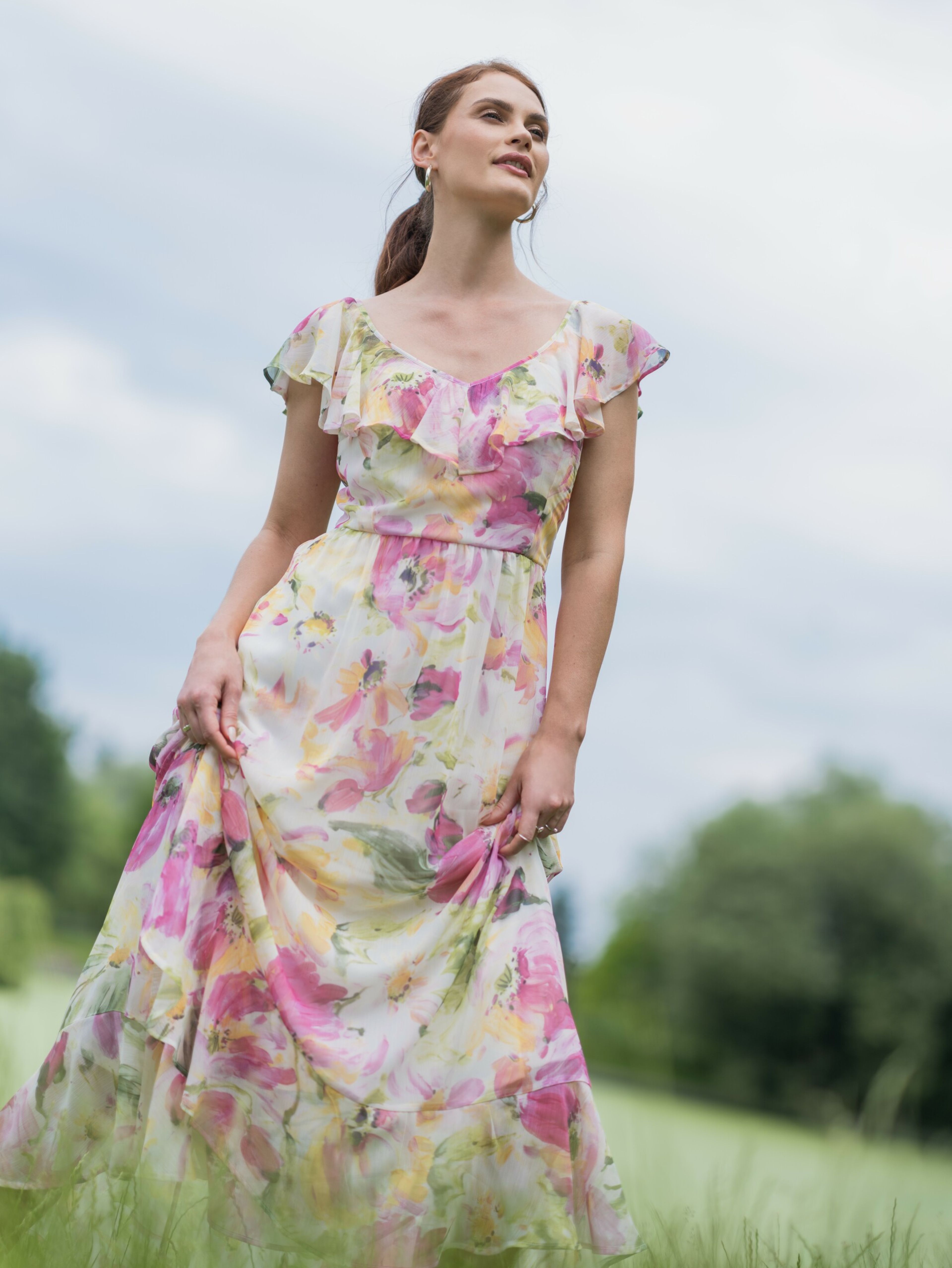 Rosa und weißes Damen-Maxikleid mit Blumenmuster ORSAY