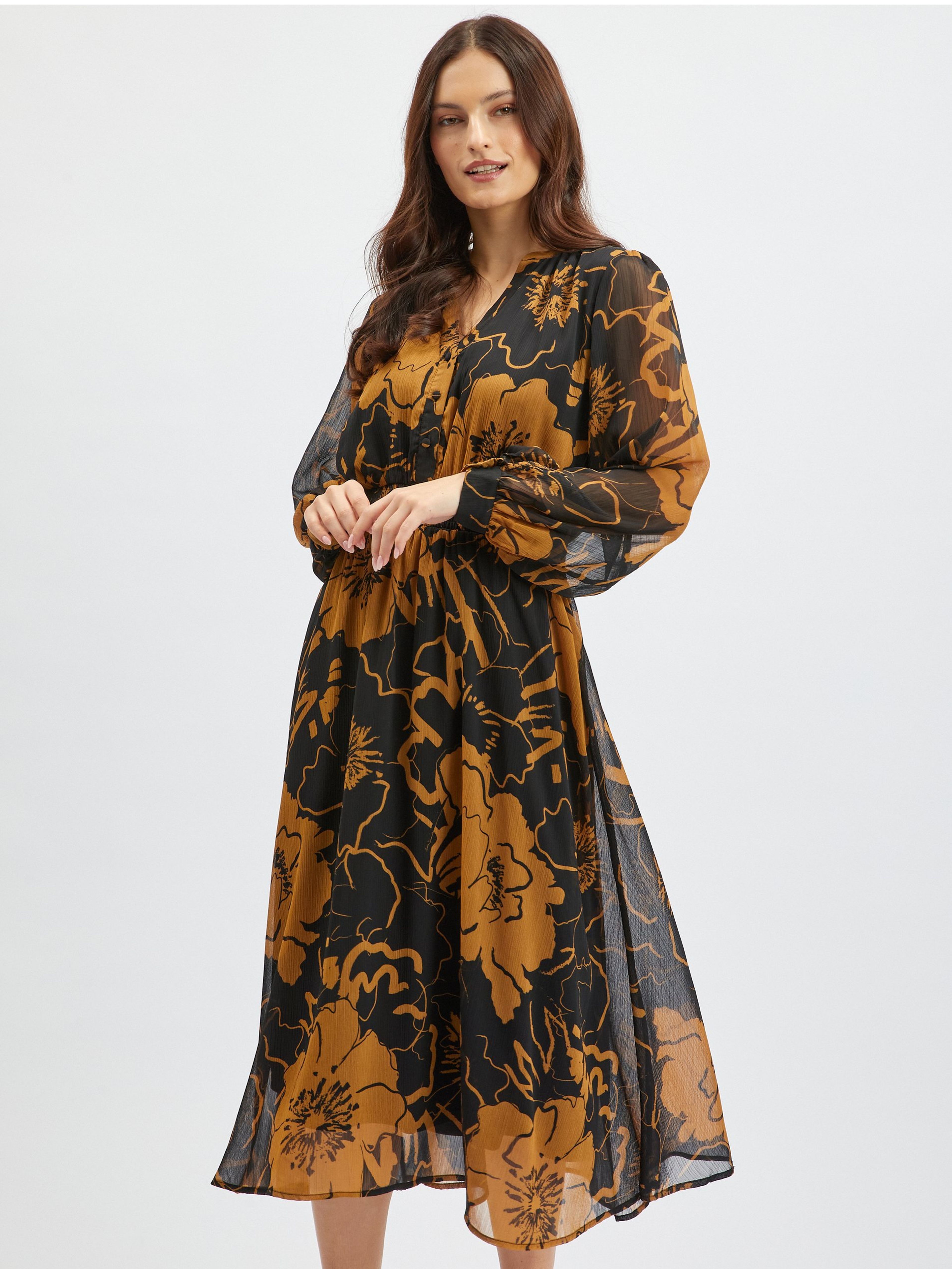 Braunes und schwarzes Damen-Midikleid mit Blumenmuster ORSAY