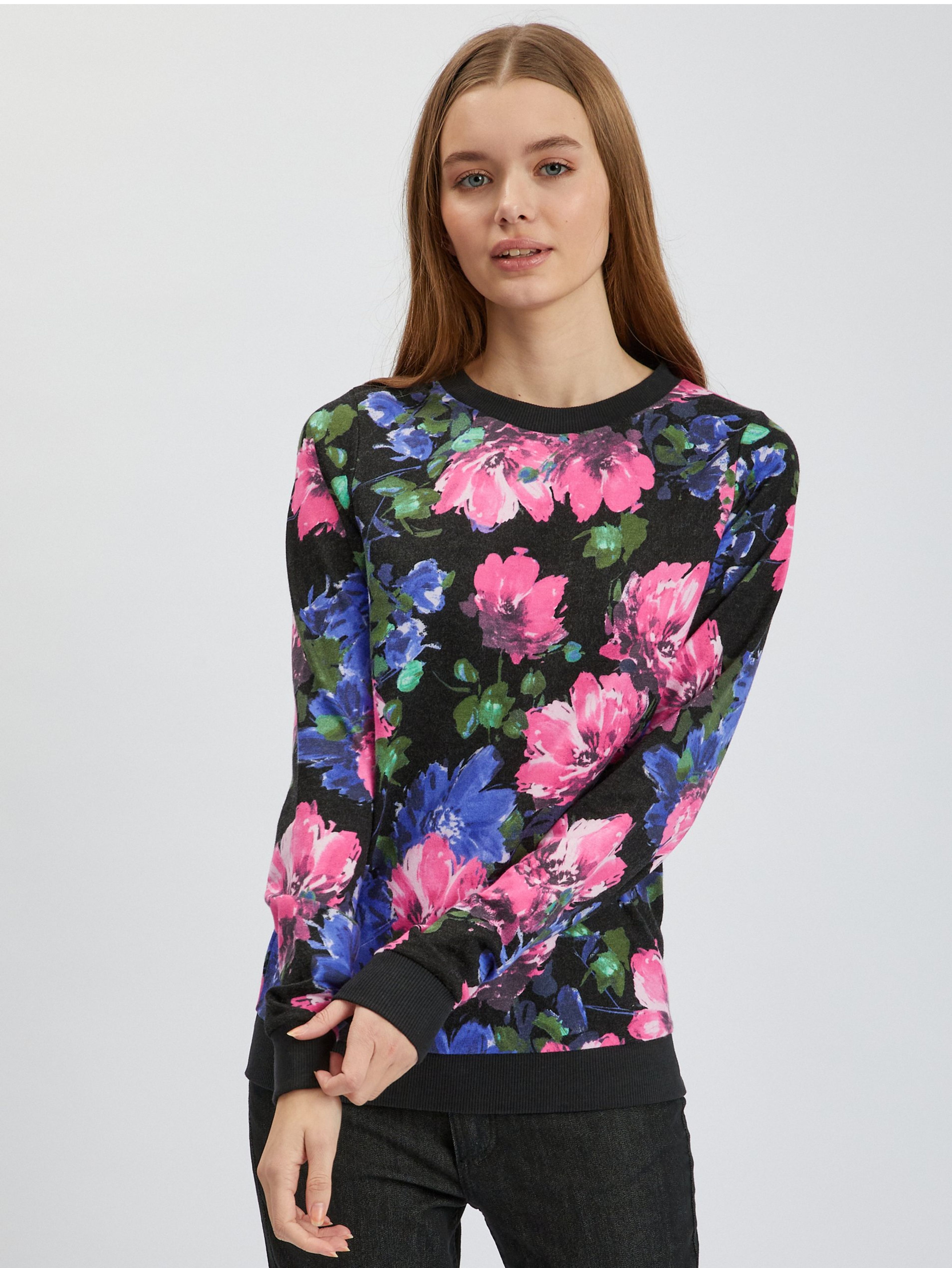 Rosa und schwarzes geblümtes Damen-Sweatshirt ORSAY