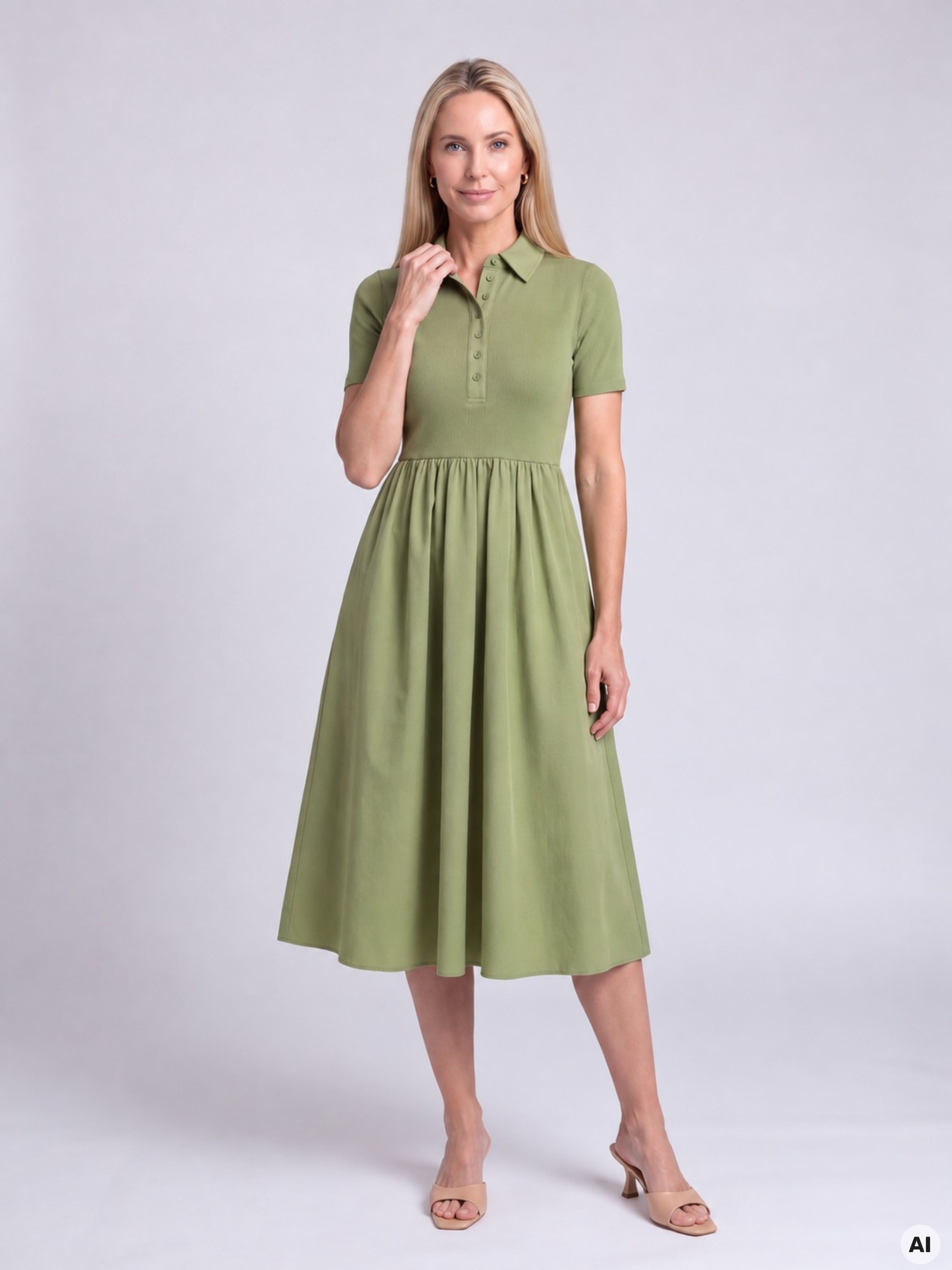 Rochie midi în A pentru femei verde cu mâneci scurte ORSAY - 001