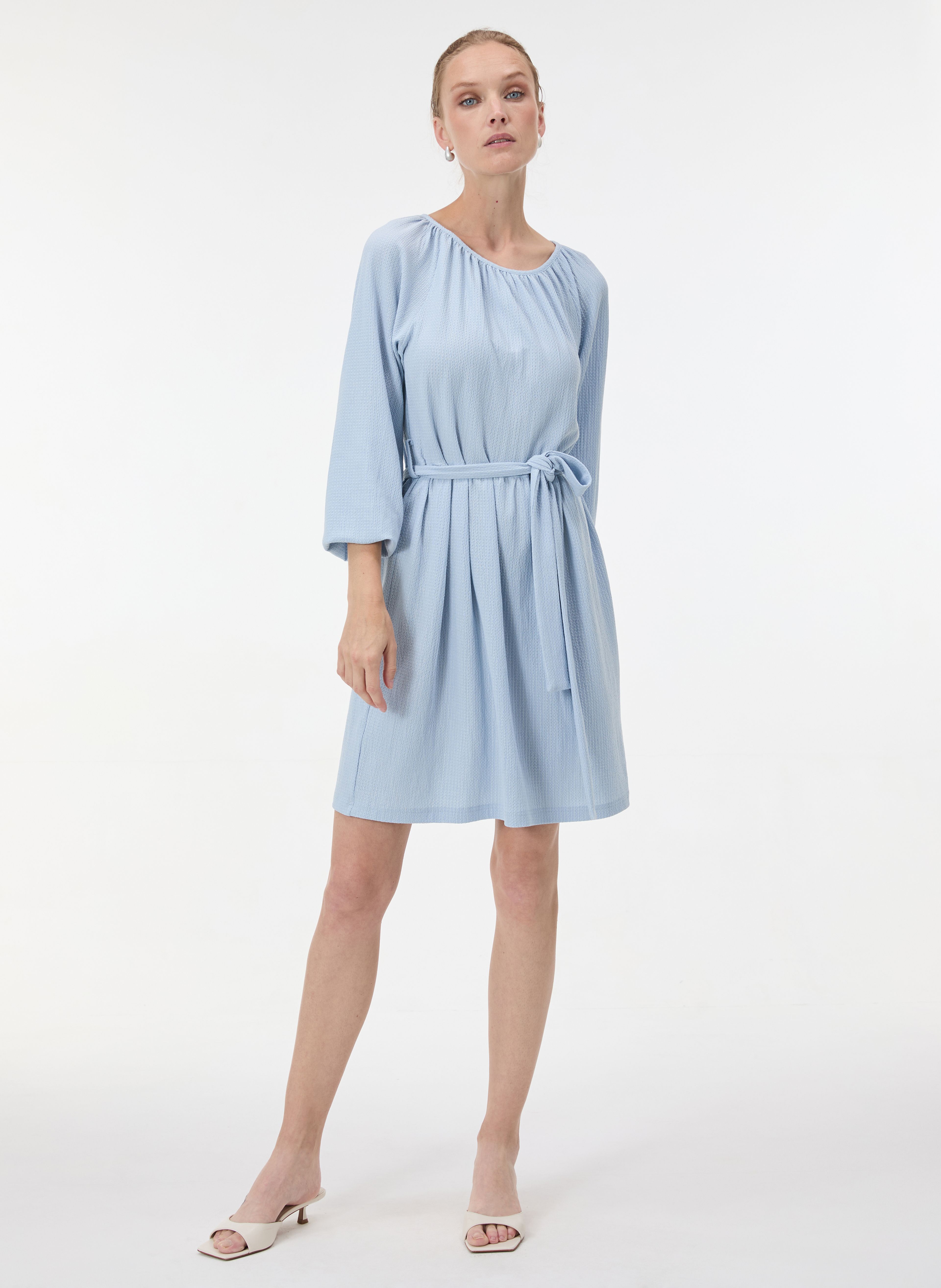 Rochie scurtă dreaptă pentru femei albastru deschis cu mânecă trei sferturi ORSAY - 002