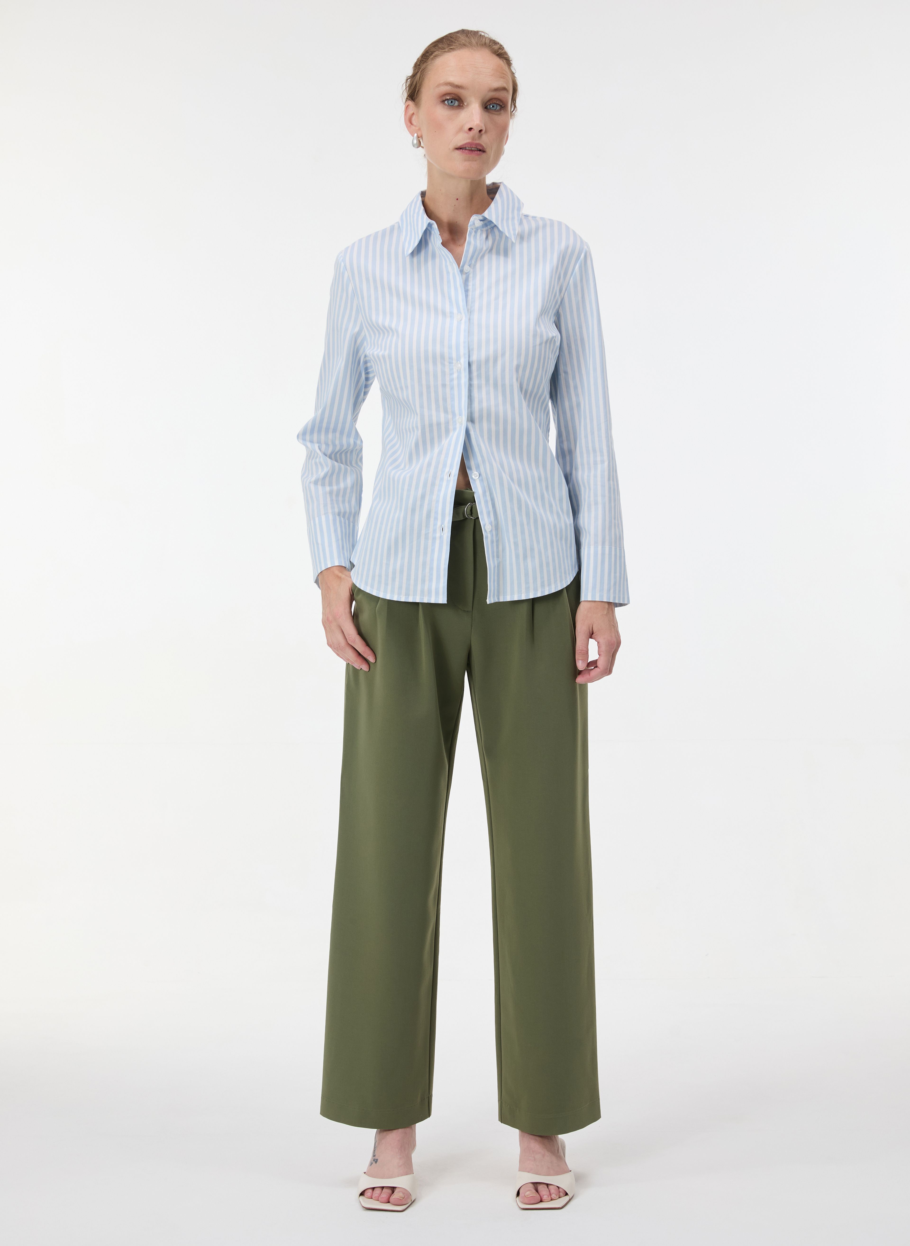 Khakifarbene Damen-Wide-Leg-Hose mit hohem Bund ORSAY - 002