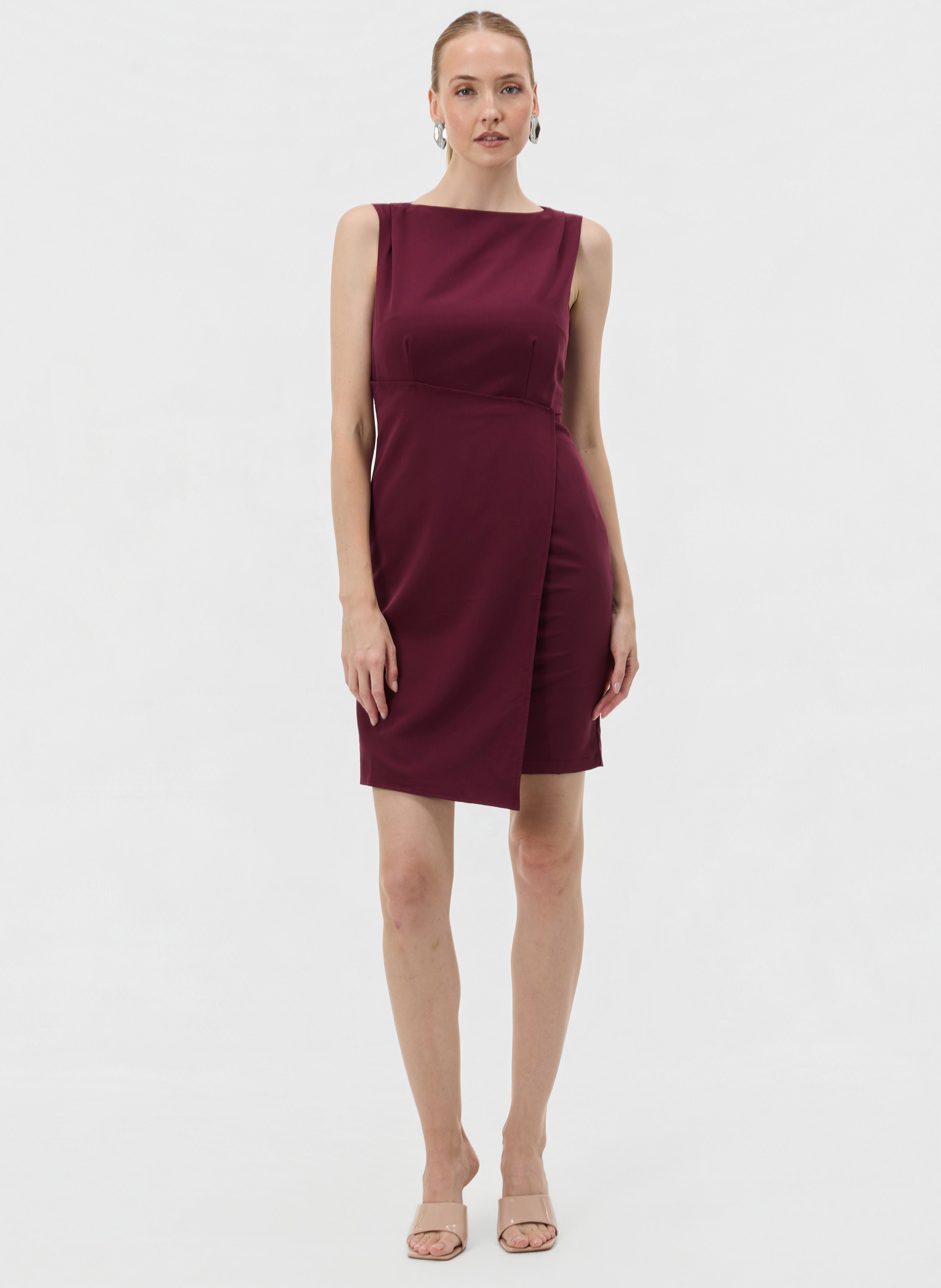 Bordeauxrotes ärmelloses Damen-Wickelkleid ORSAY - 003
