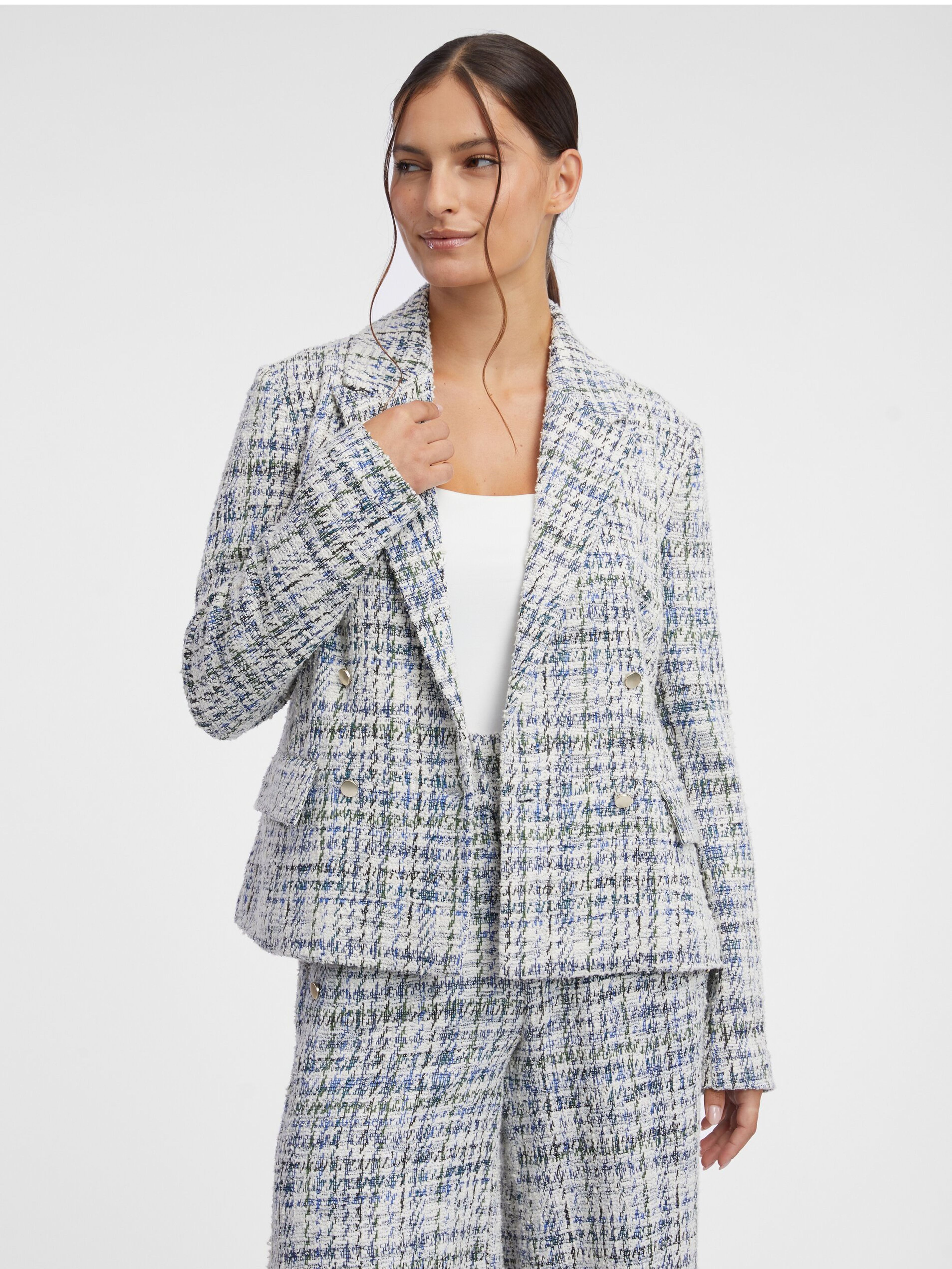 Blaue und cremefarbene zweireihige Tweed-Jacke Damen ORSAY