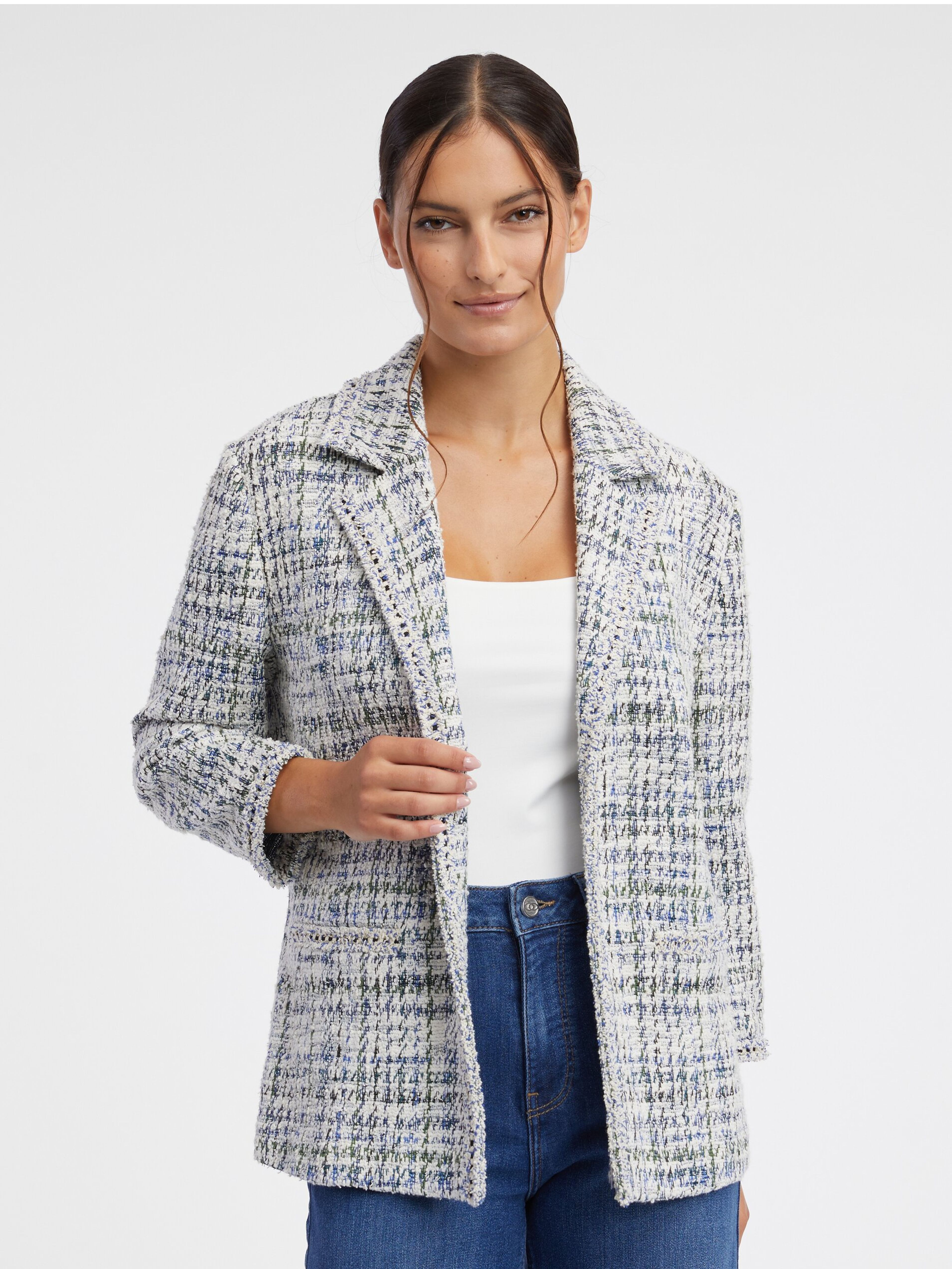 Blaue und cremefarbene Damen-Tweedjacke ORSAY