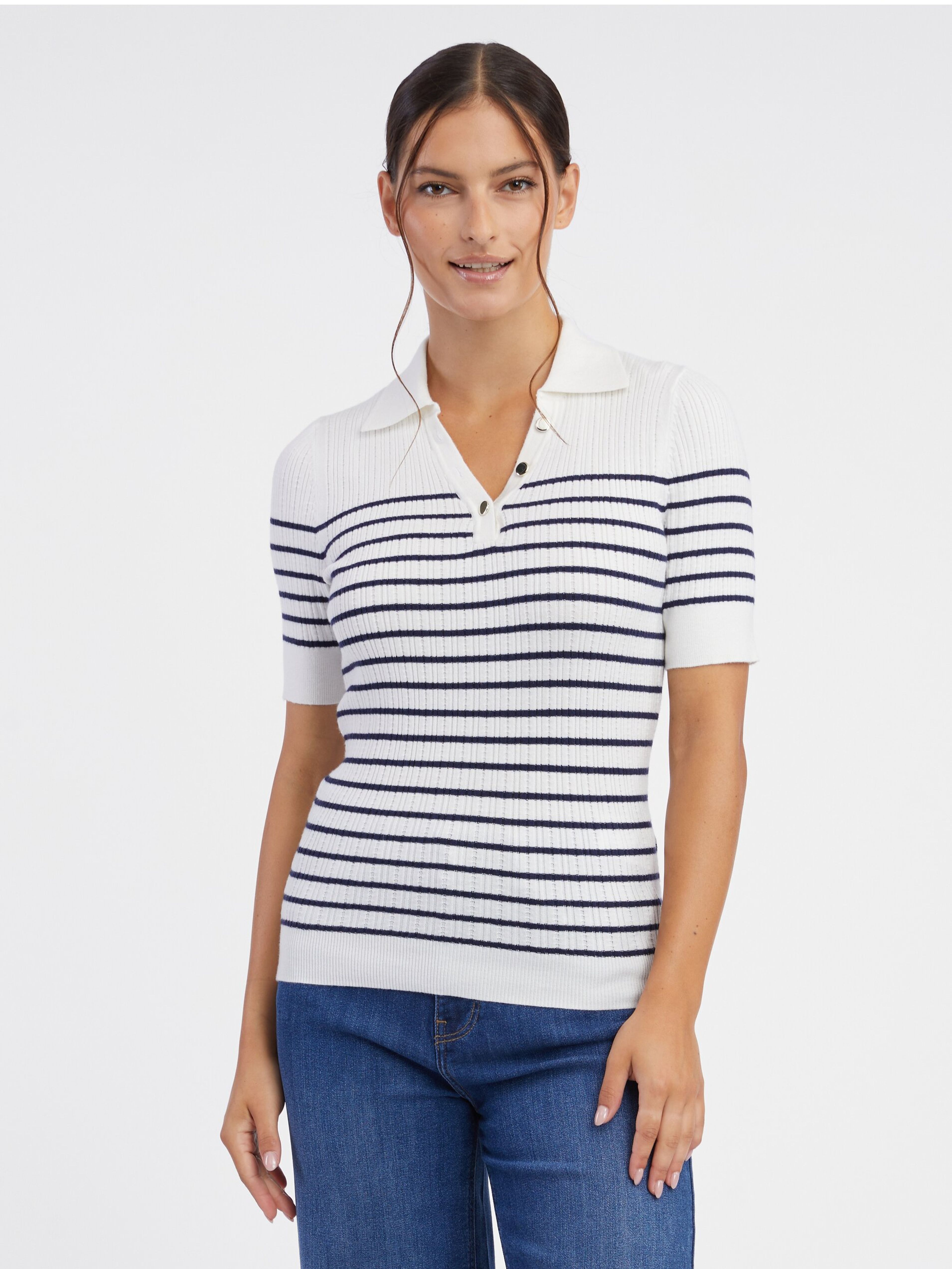 Cremefarbenes gestreiftes Damen-Poloshirt ORSAY