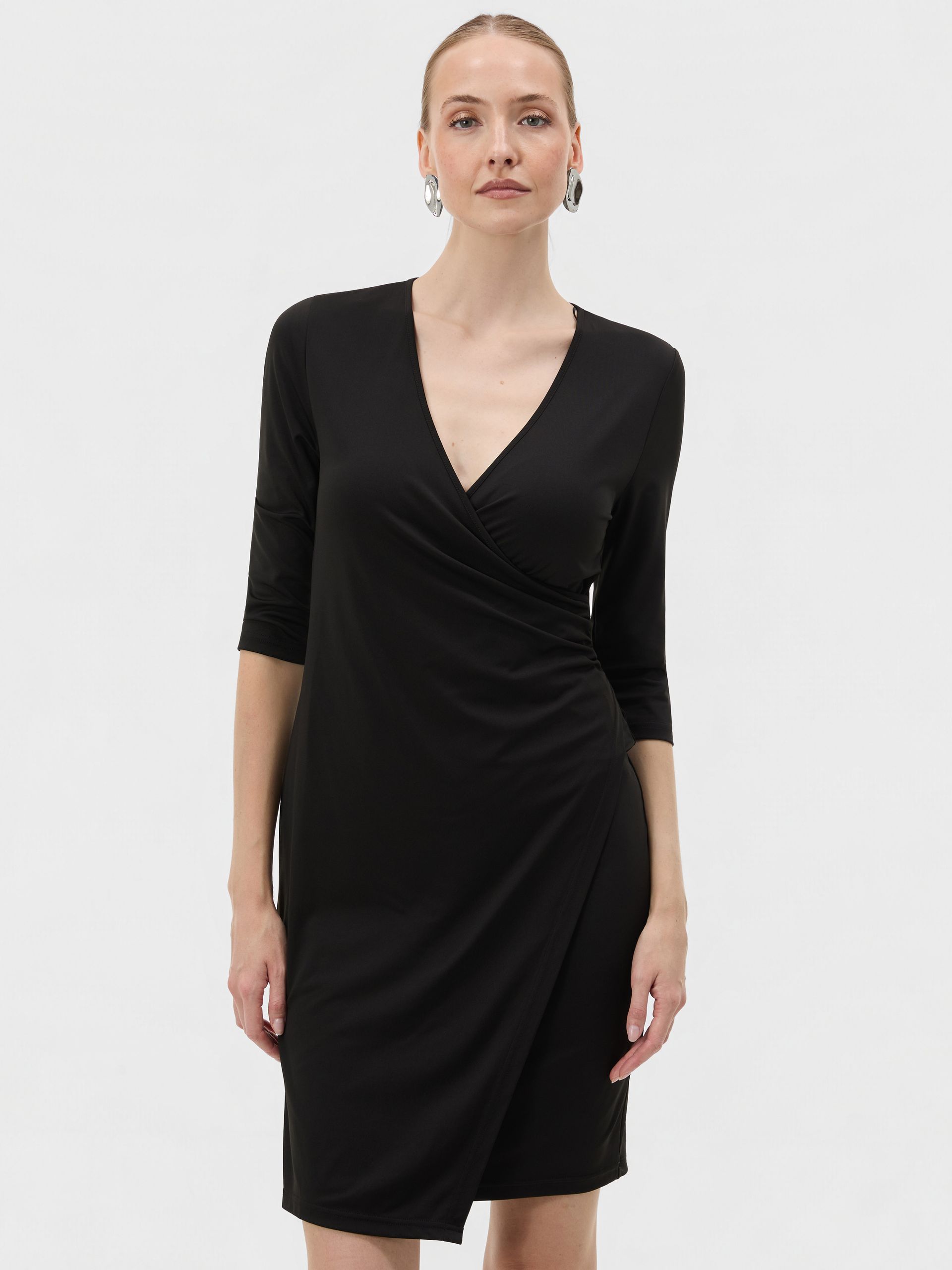 Schwarzes kurzes Damen-Wickelkleid mit V-Ausschnitt und 3/4-Ärmeln ORSAY - 001