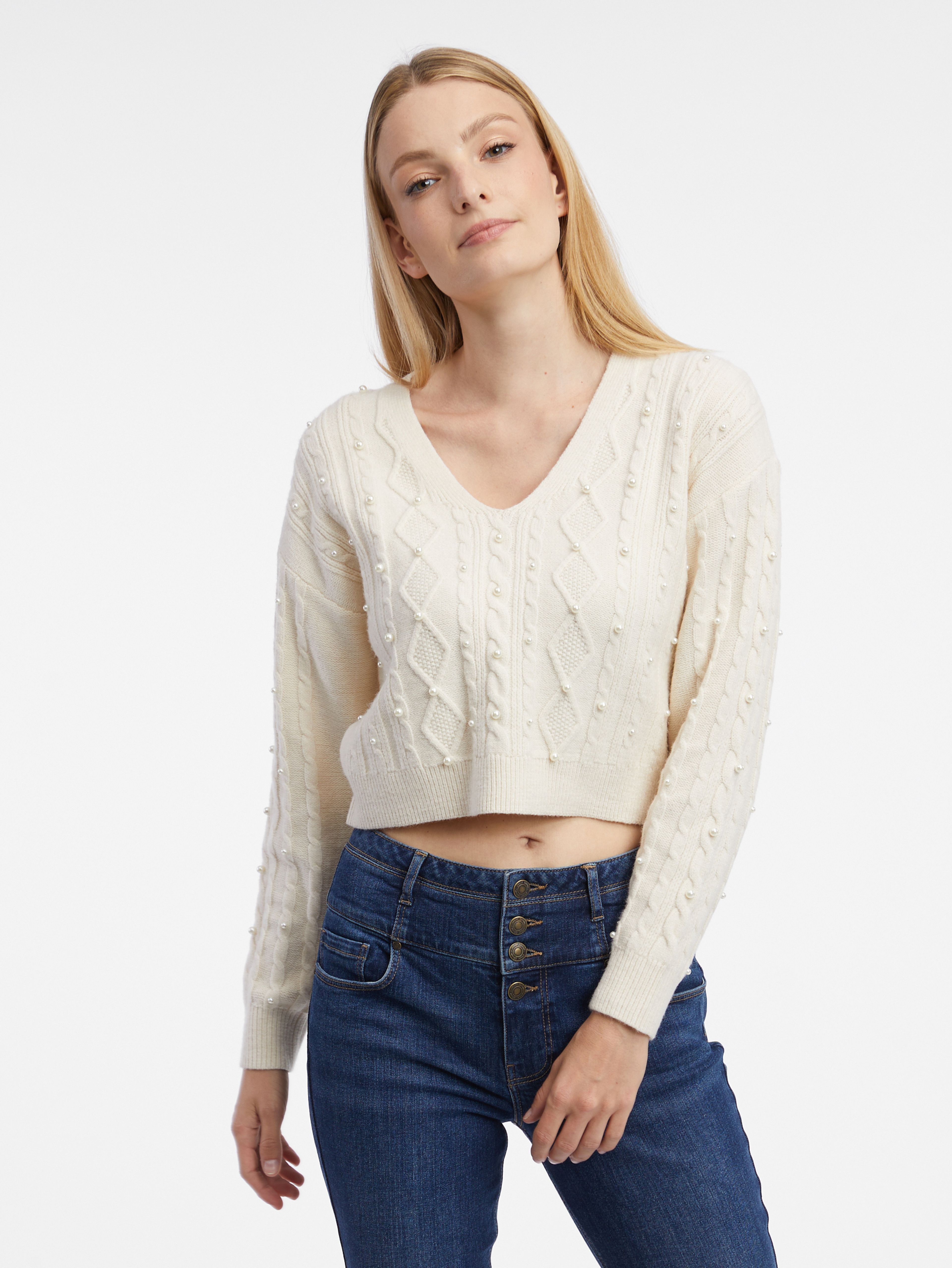 Cremefarbener Damen-Cropped-Pullover ORSAY