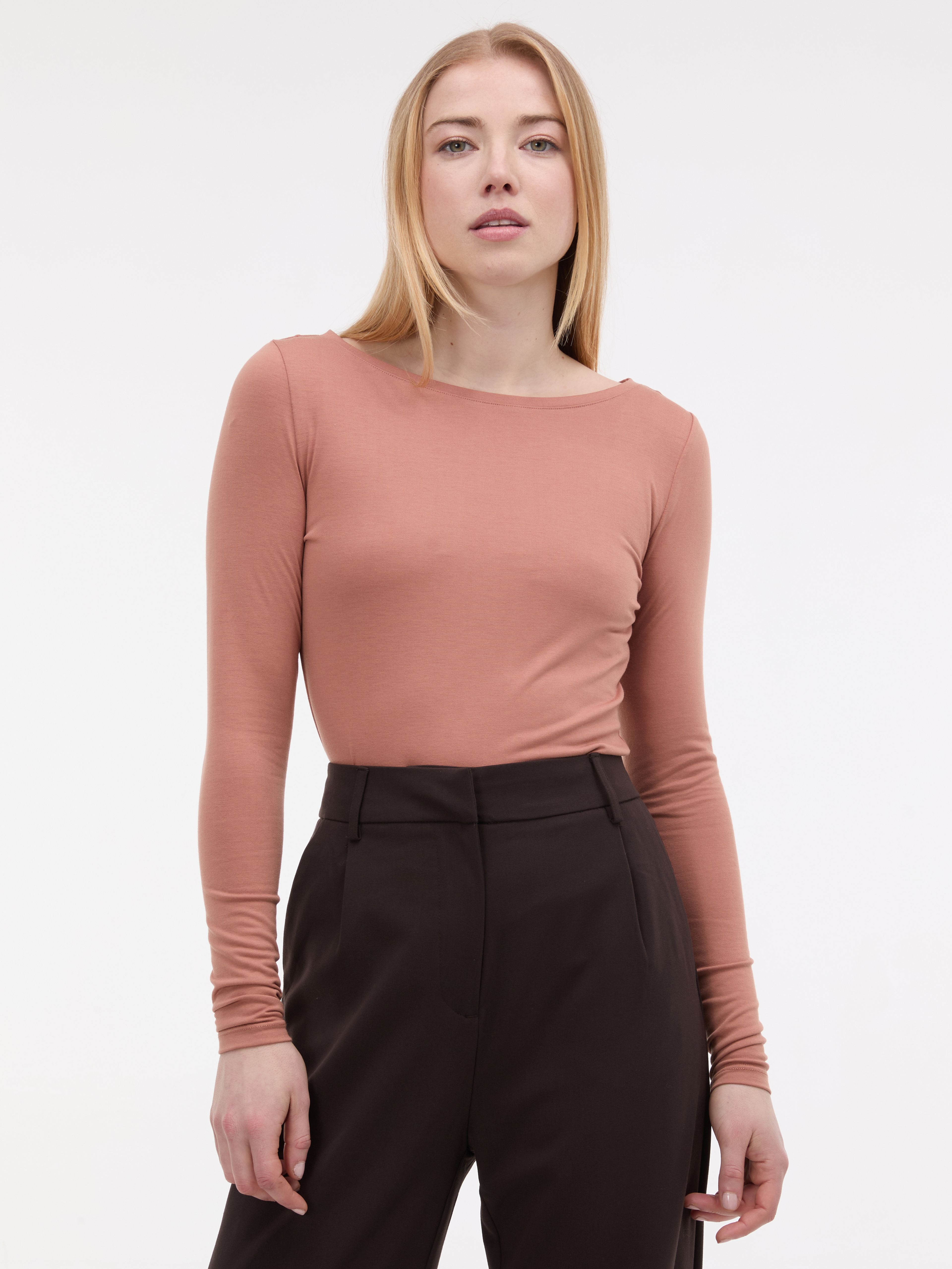 Jasnobrązowa damska koszulka z długim rękawem ORSAY