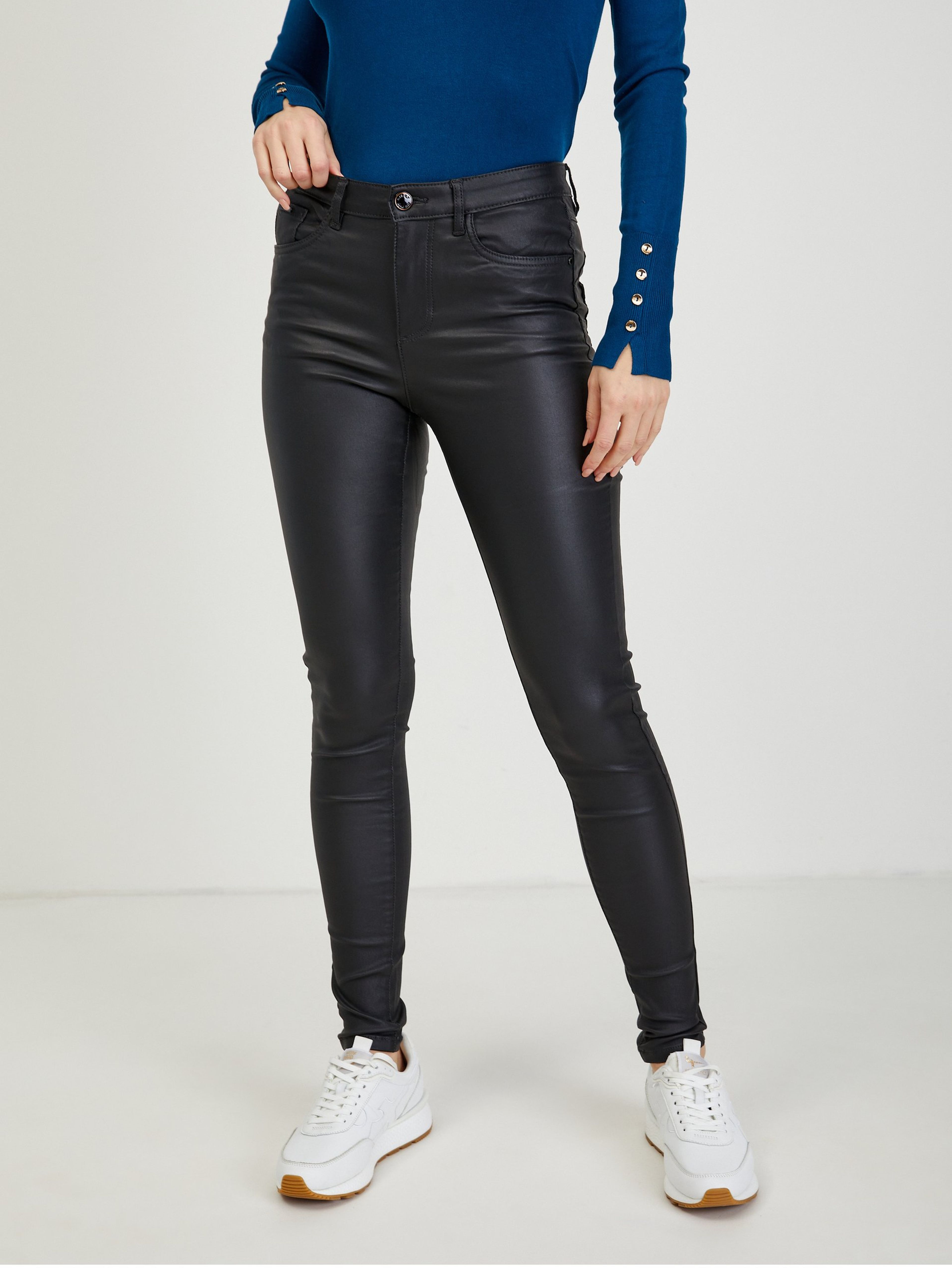 Czarne damskie skórzane spodnie skinny fit ORSAY