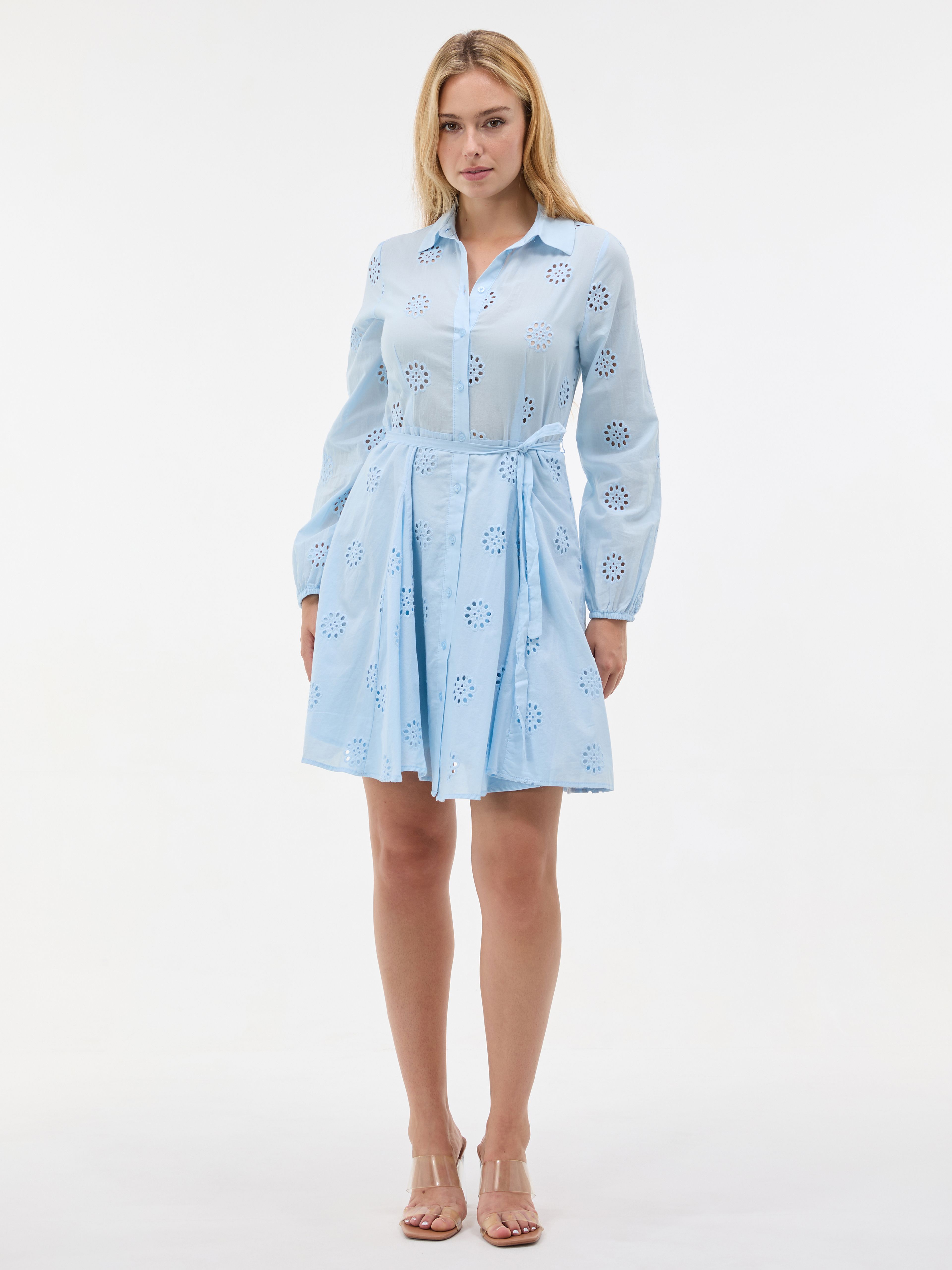 Rochie tip cămașă scurtă, cu croială evazată, albastru deschis ORSAY - 003