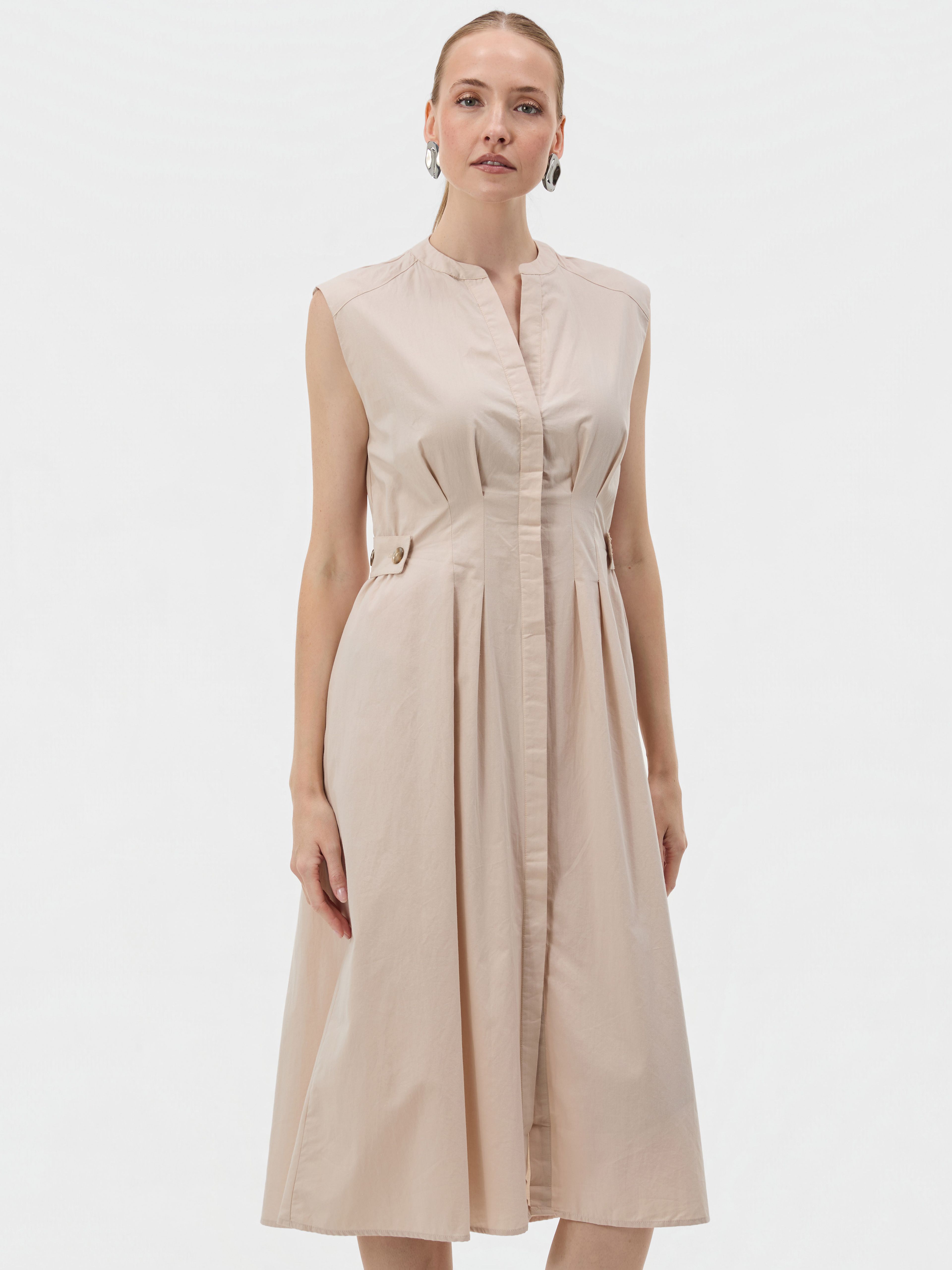 Beiges ärmelloses Damen-Midikleid in A-Linie mit V-Ausschnitt ORSAY - 001