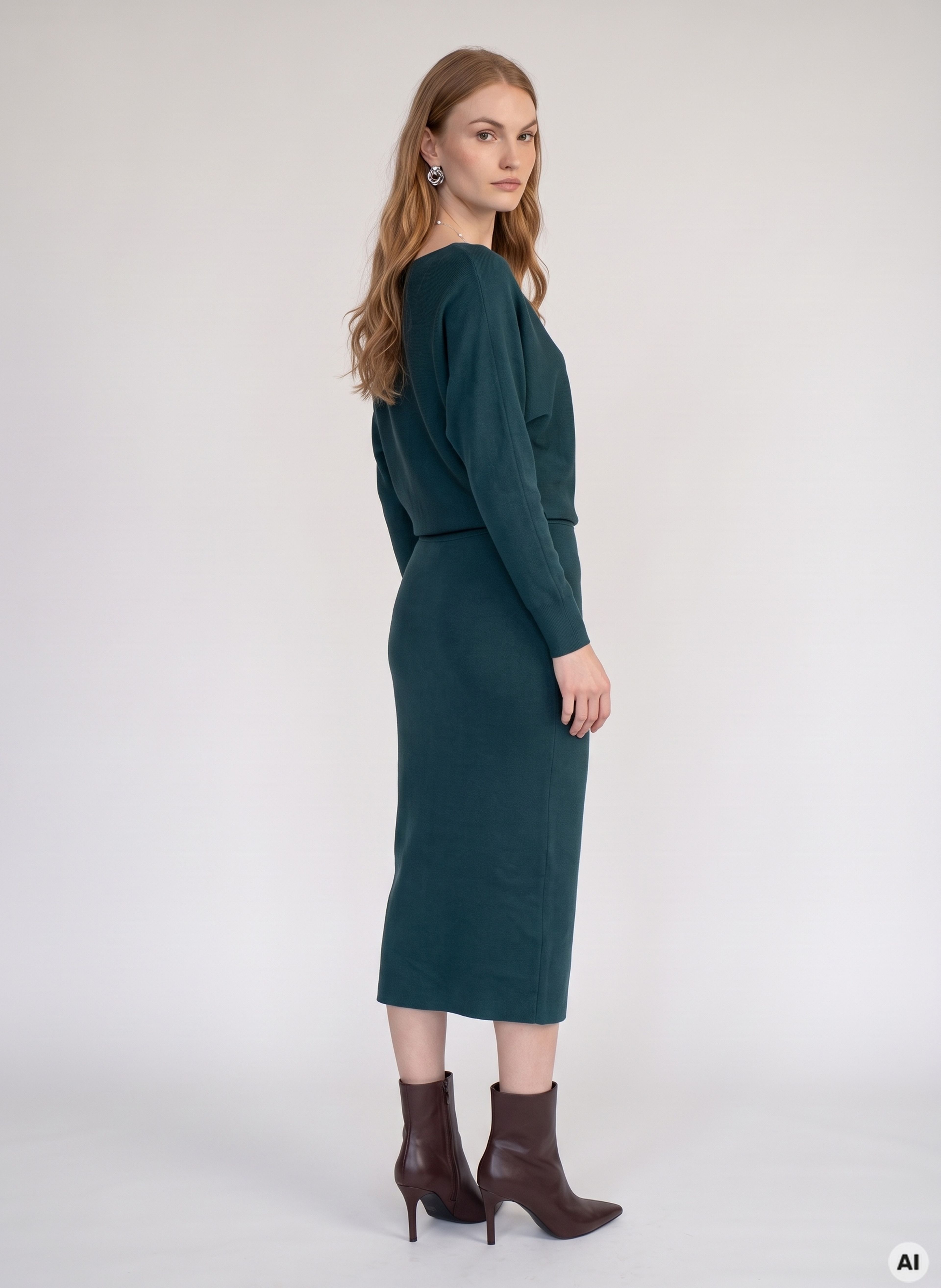 Turkizna ženska oprijeta midi obleka z dolgimi rokavi ORSAY - 004