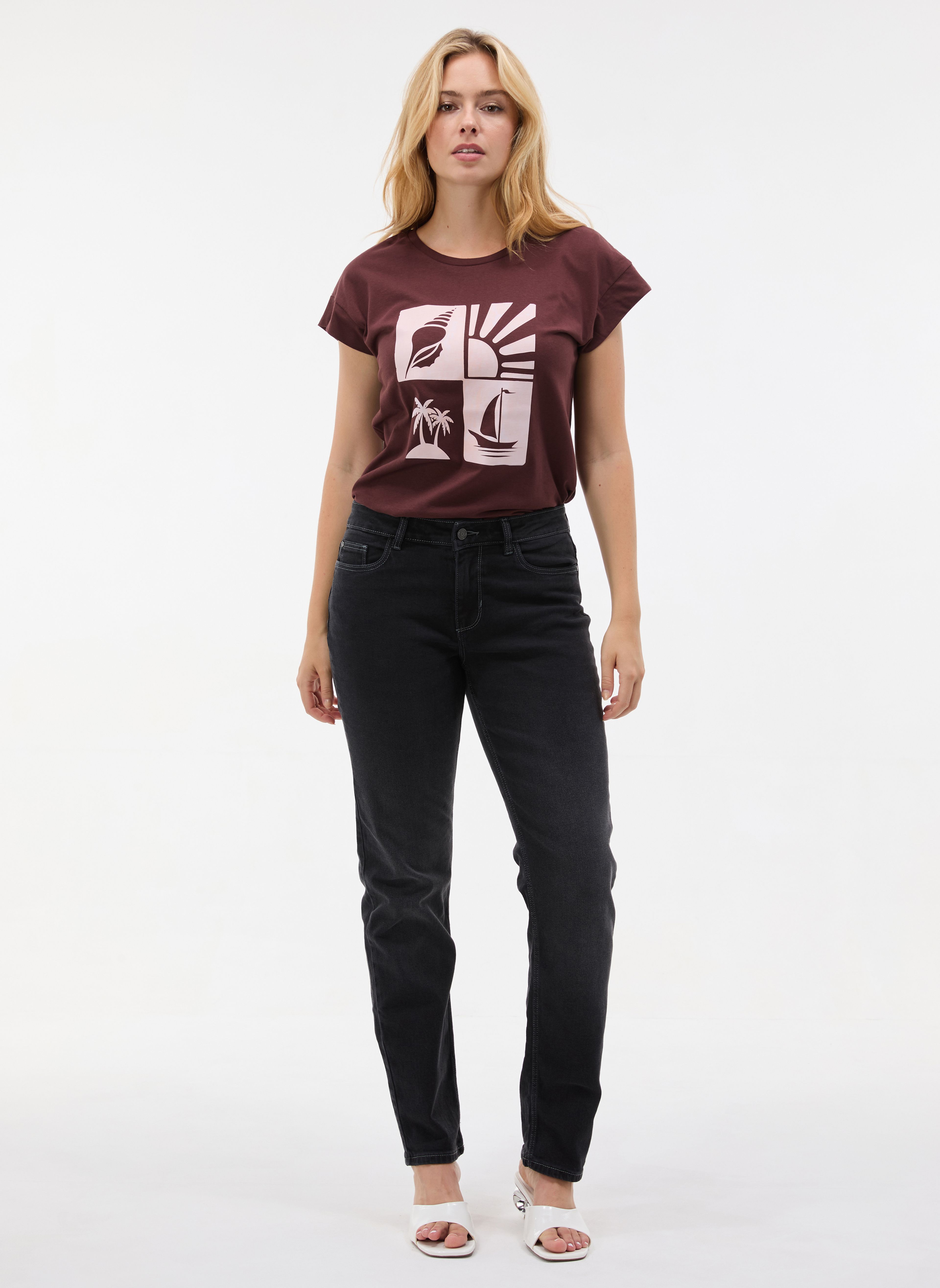 Ciemnobrązowy damski t-shirt z krótkim rękawem ORSAY - 003