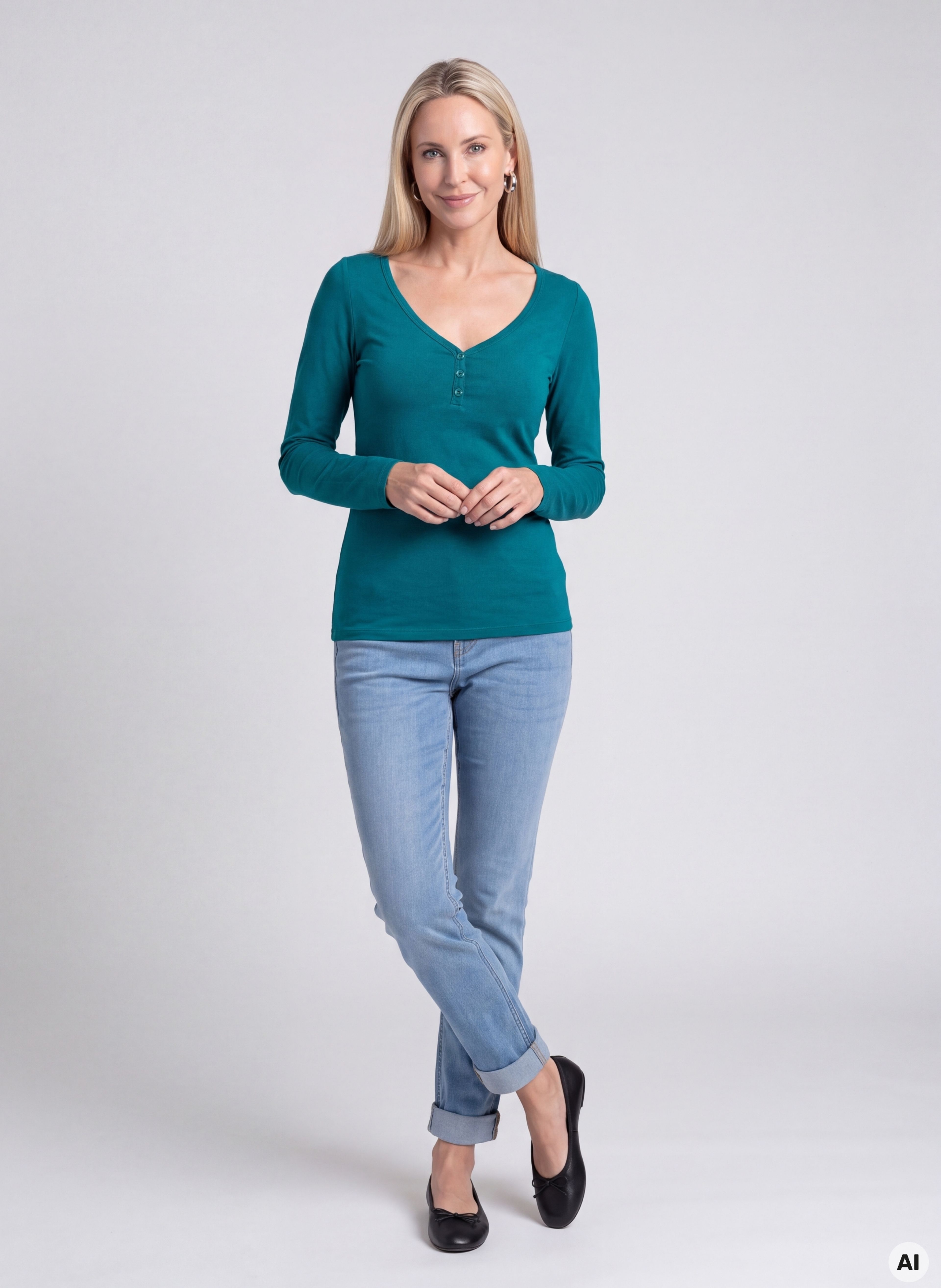 Tricou pentru femei turcoaz cu mâneci lungi ORSAY - 004