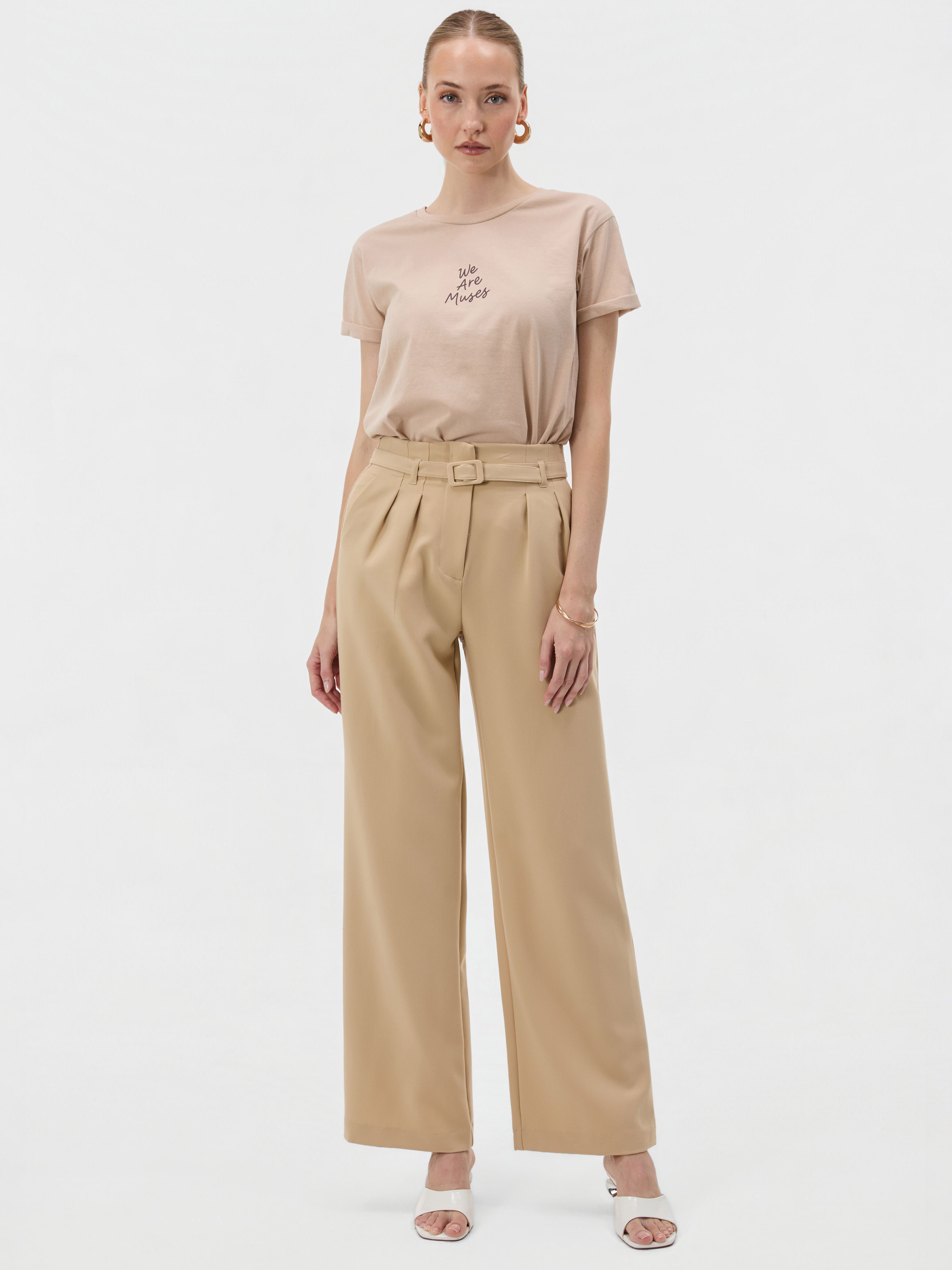 Beige Damenhose mit weitem Bein und hohem Bund ORSAY - 001