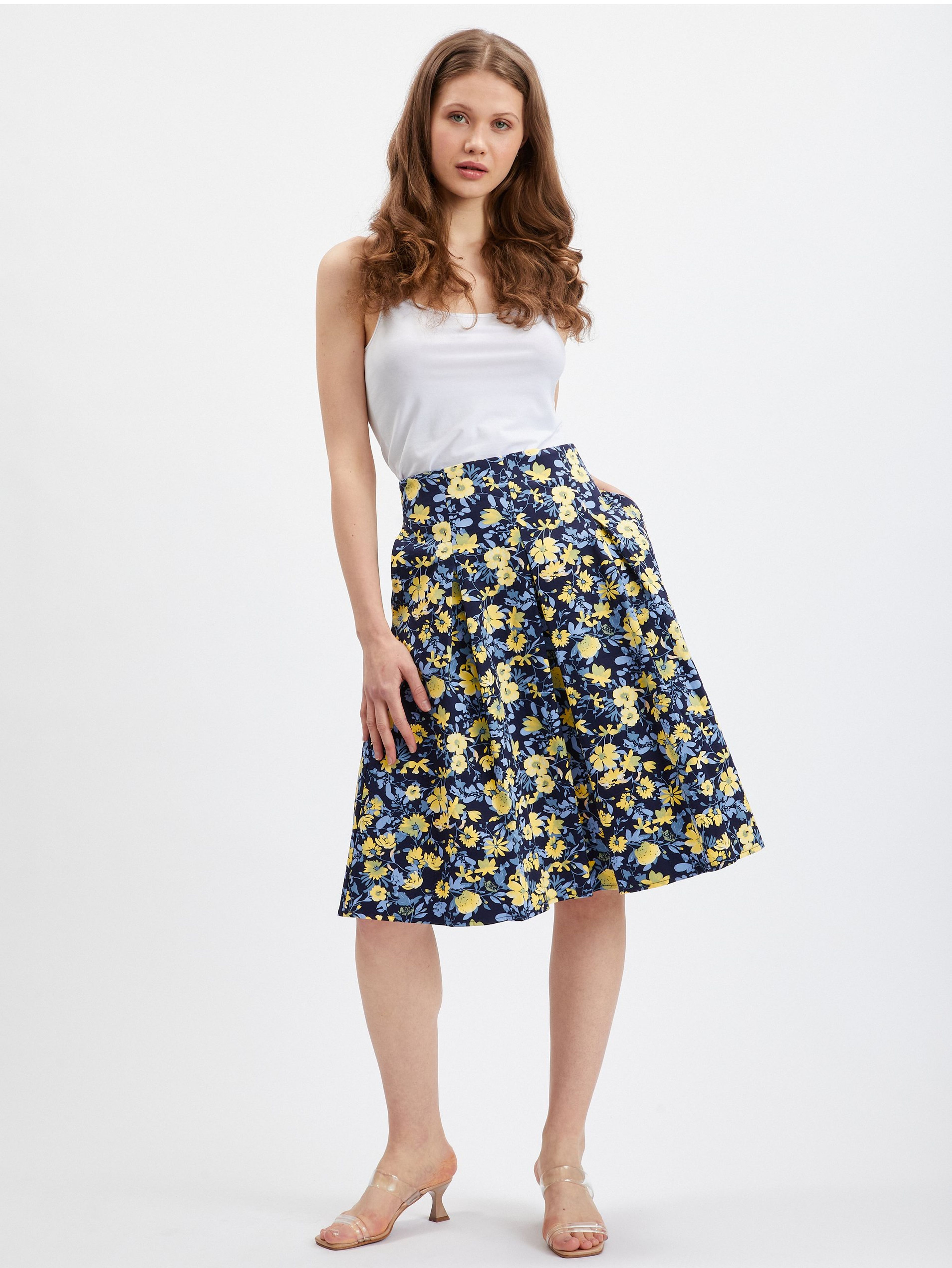 Fustă de damă plisata cu flori galben-albastru ORSAY
