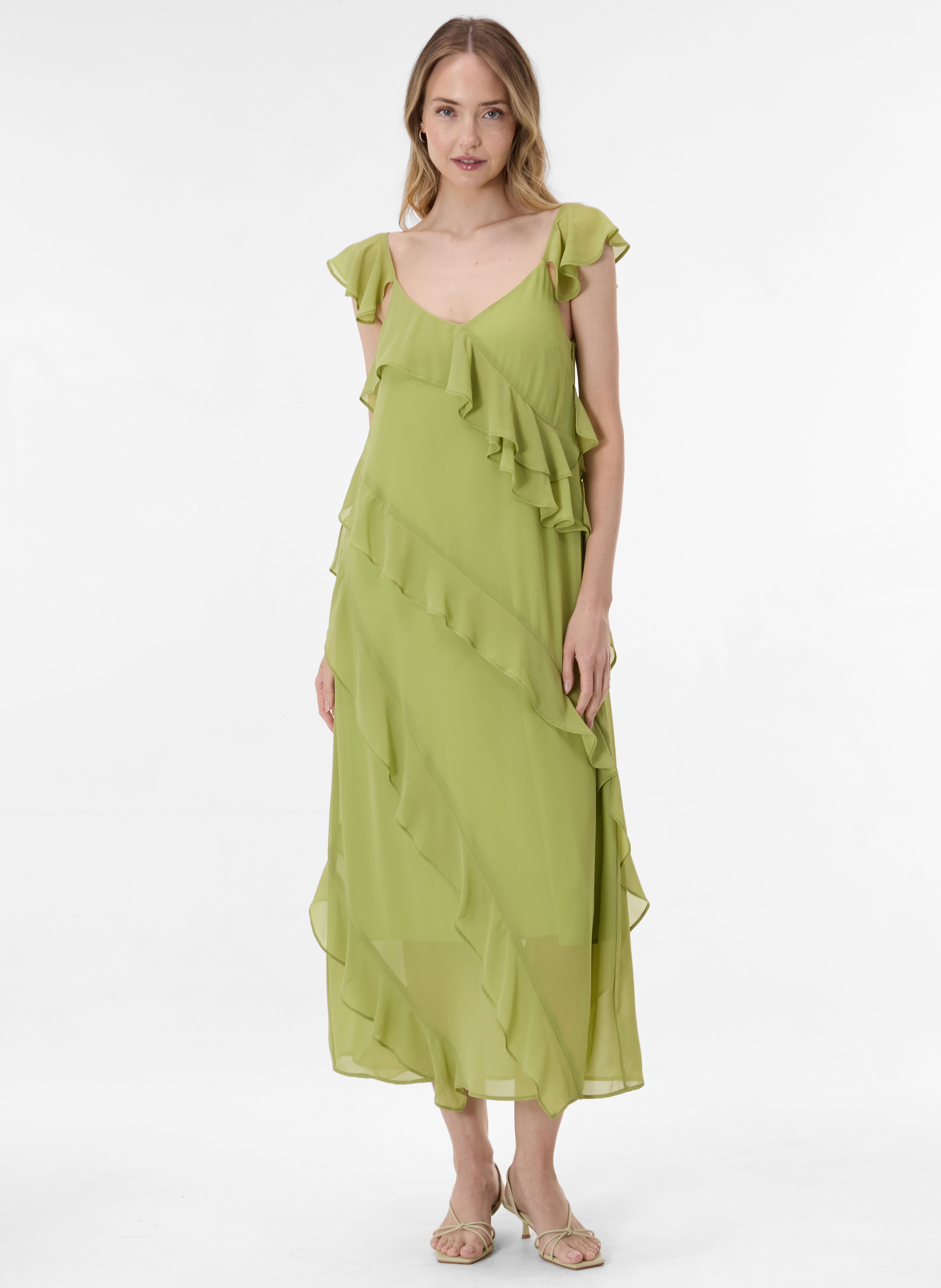 Hellgrünes Damen-Maxikleid in A-Linie mit Volants ORSAY - 004