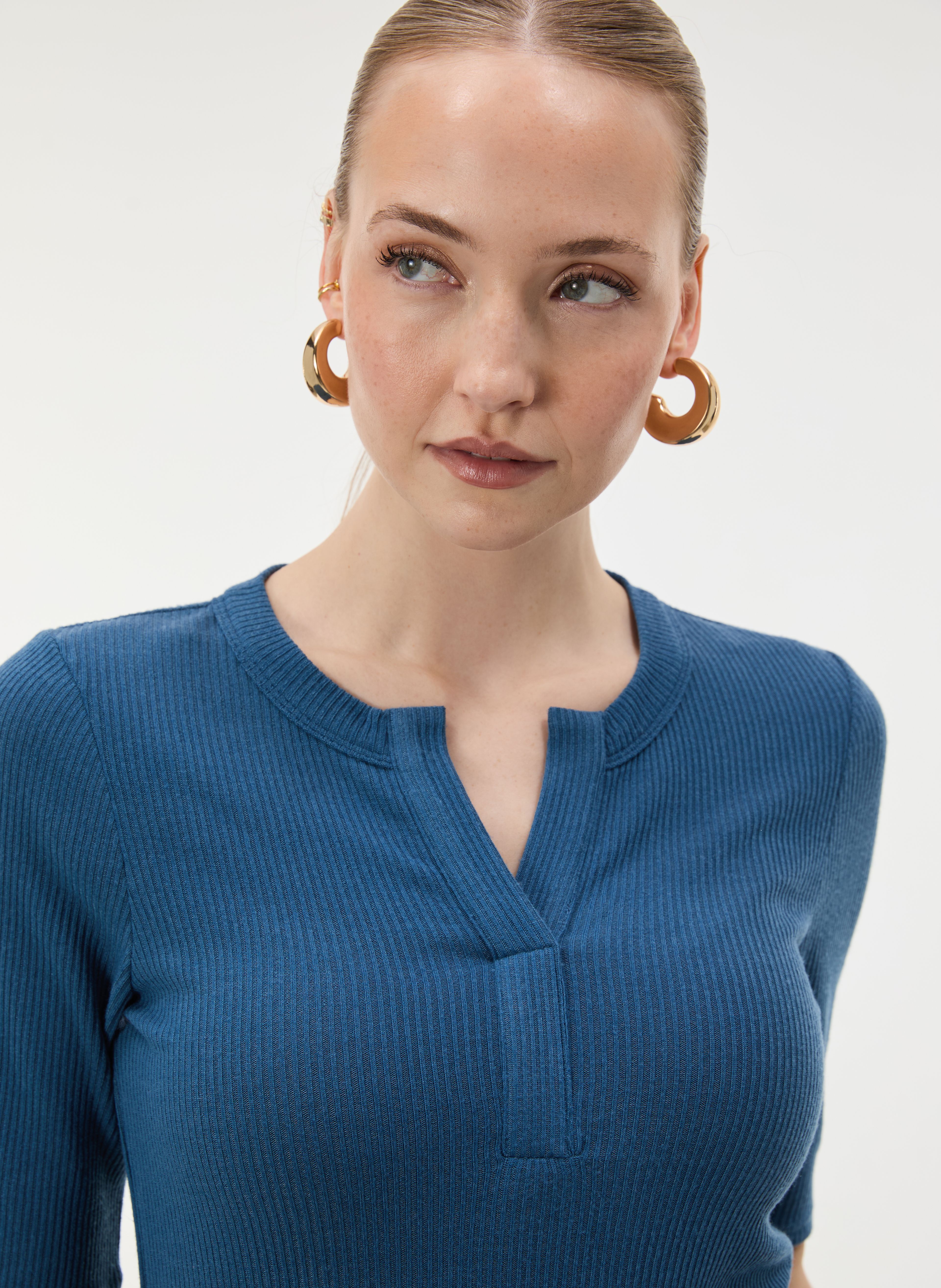 Dunkelblaues Damen-T-Shirt mit Kragen und kurzen Ärmeln ORSAY - 004