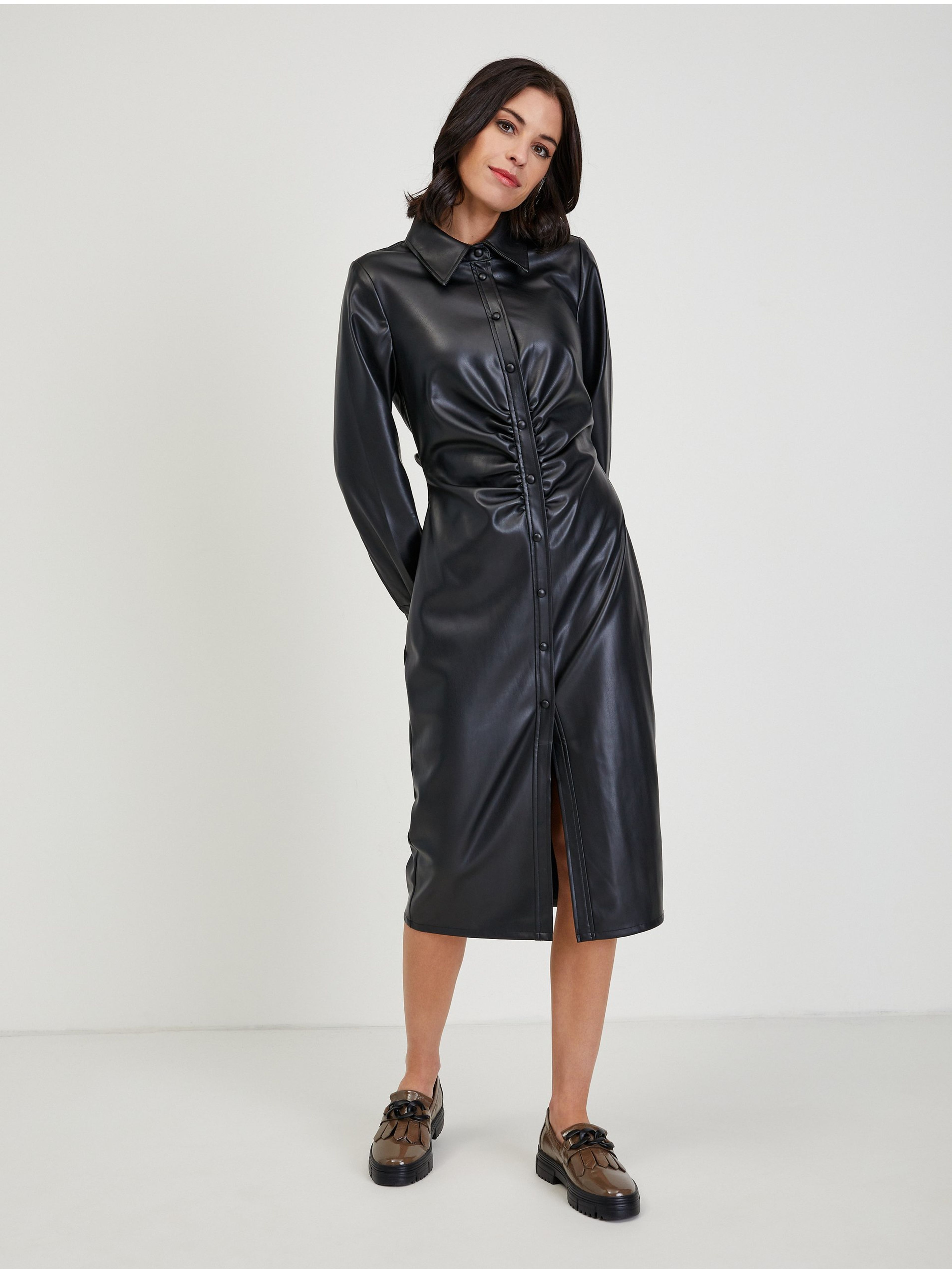 Schwarzes Damen Midikleid Kunstleder ORSAY