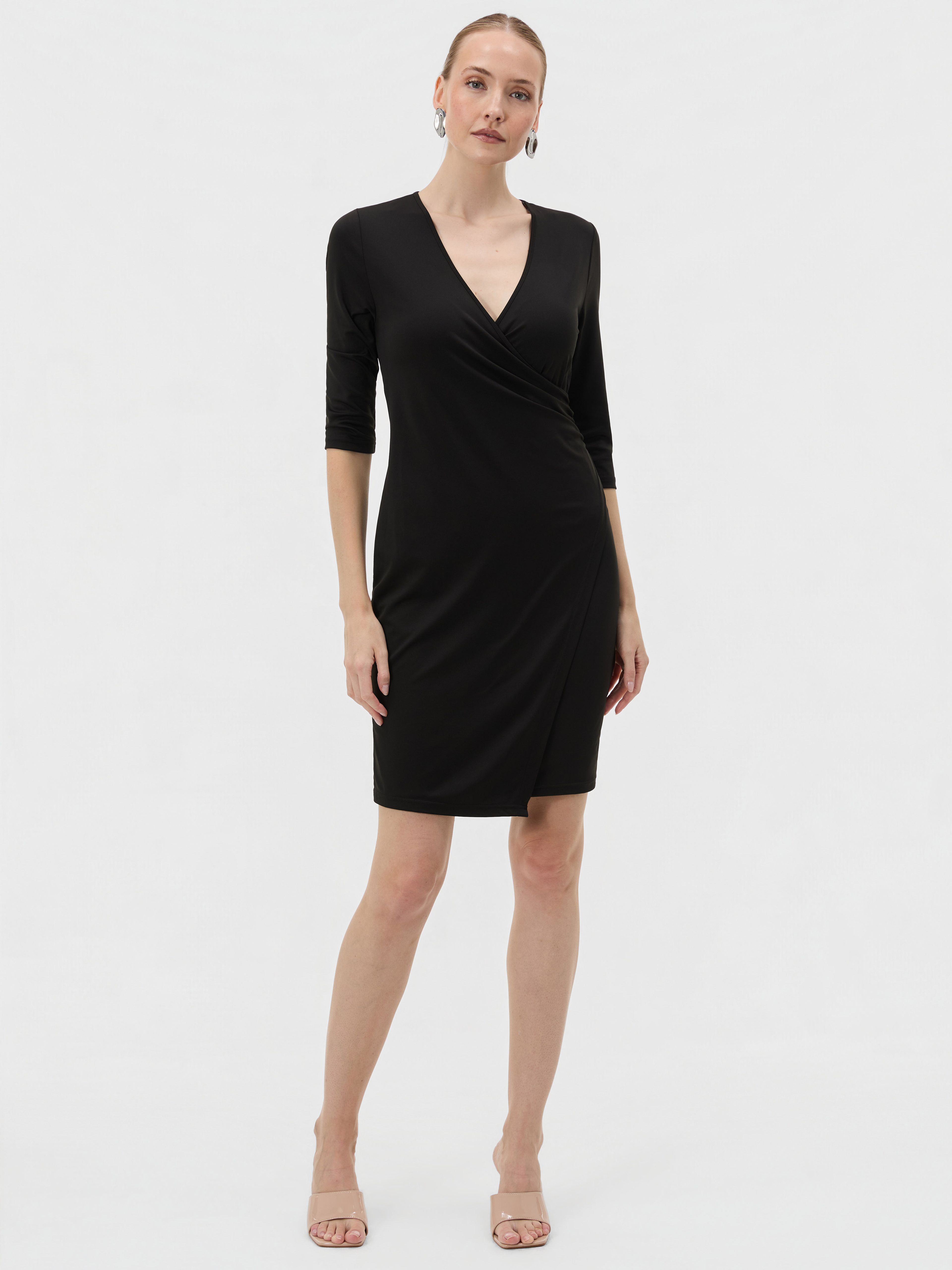 Schwarzes kurzes Damen-Wickelkleid mit V-Ausschnitt und 3/4-Ärmeln ORSAY - 003