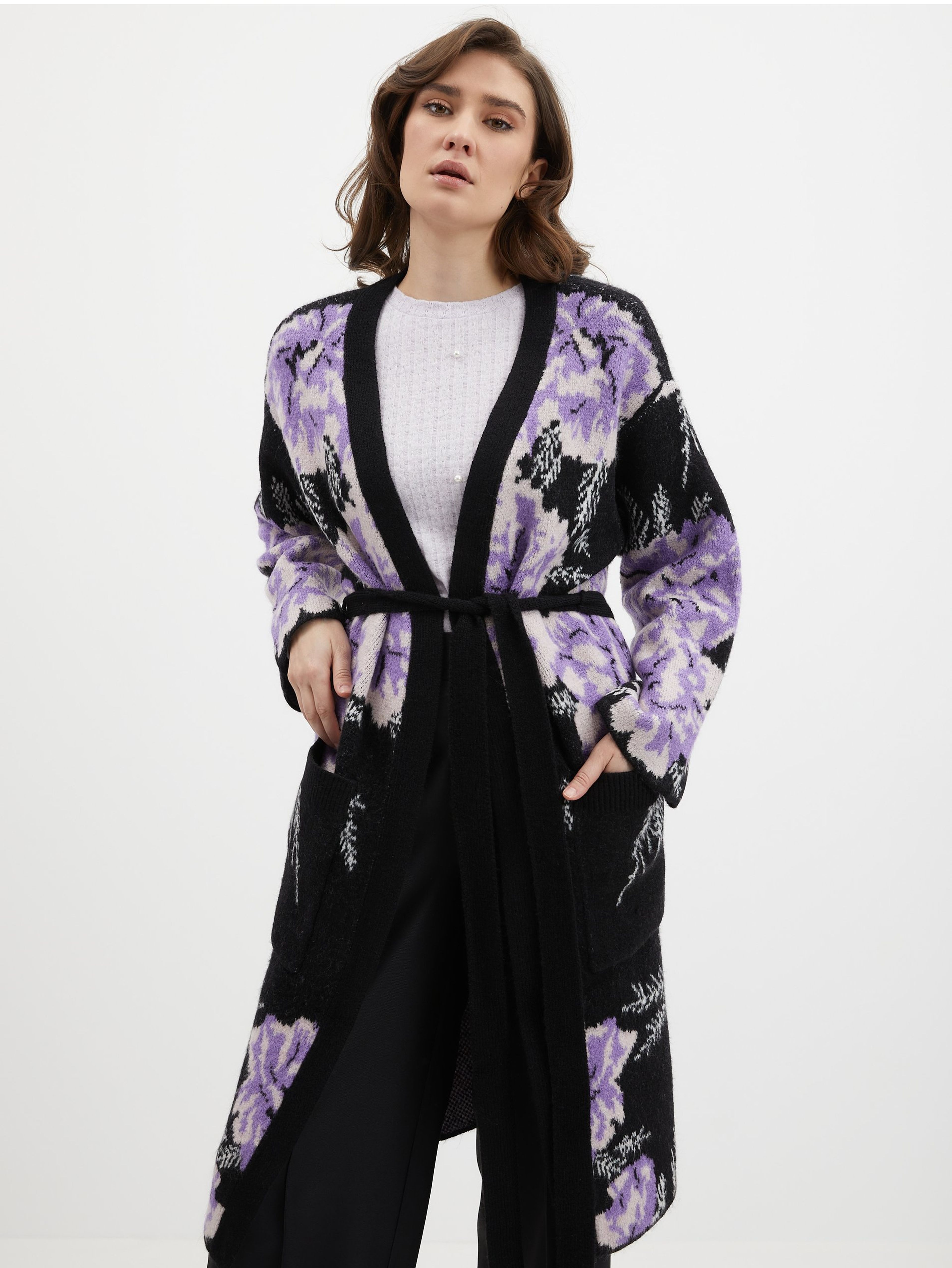 Cardigan floral de damă negru-violet ORSAY