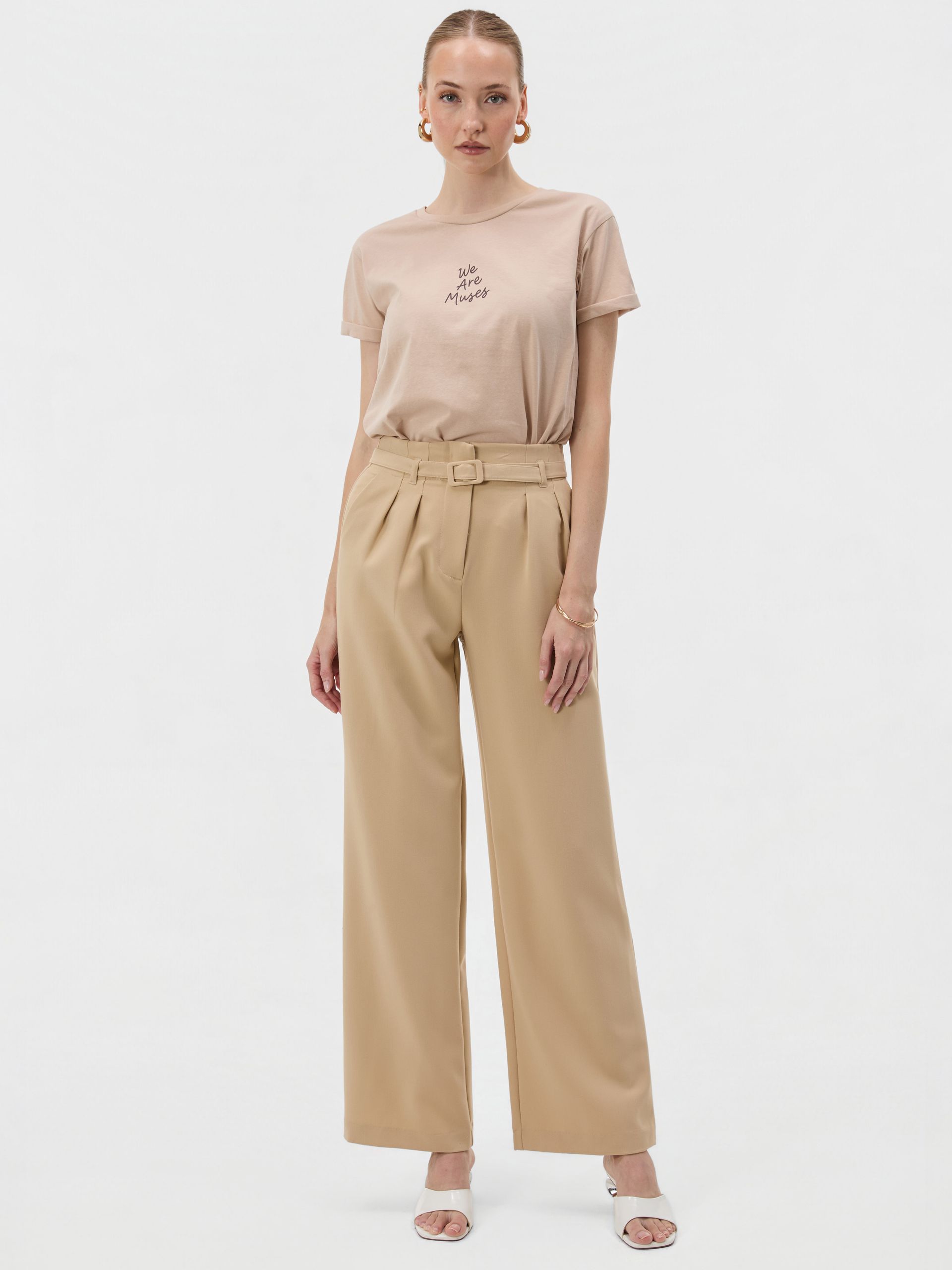 Beige Damenhose mit weitem Bein und hohem Bund ORSAY - 001