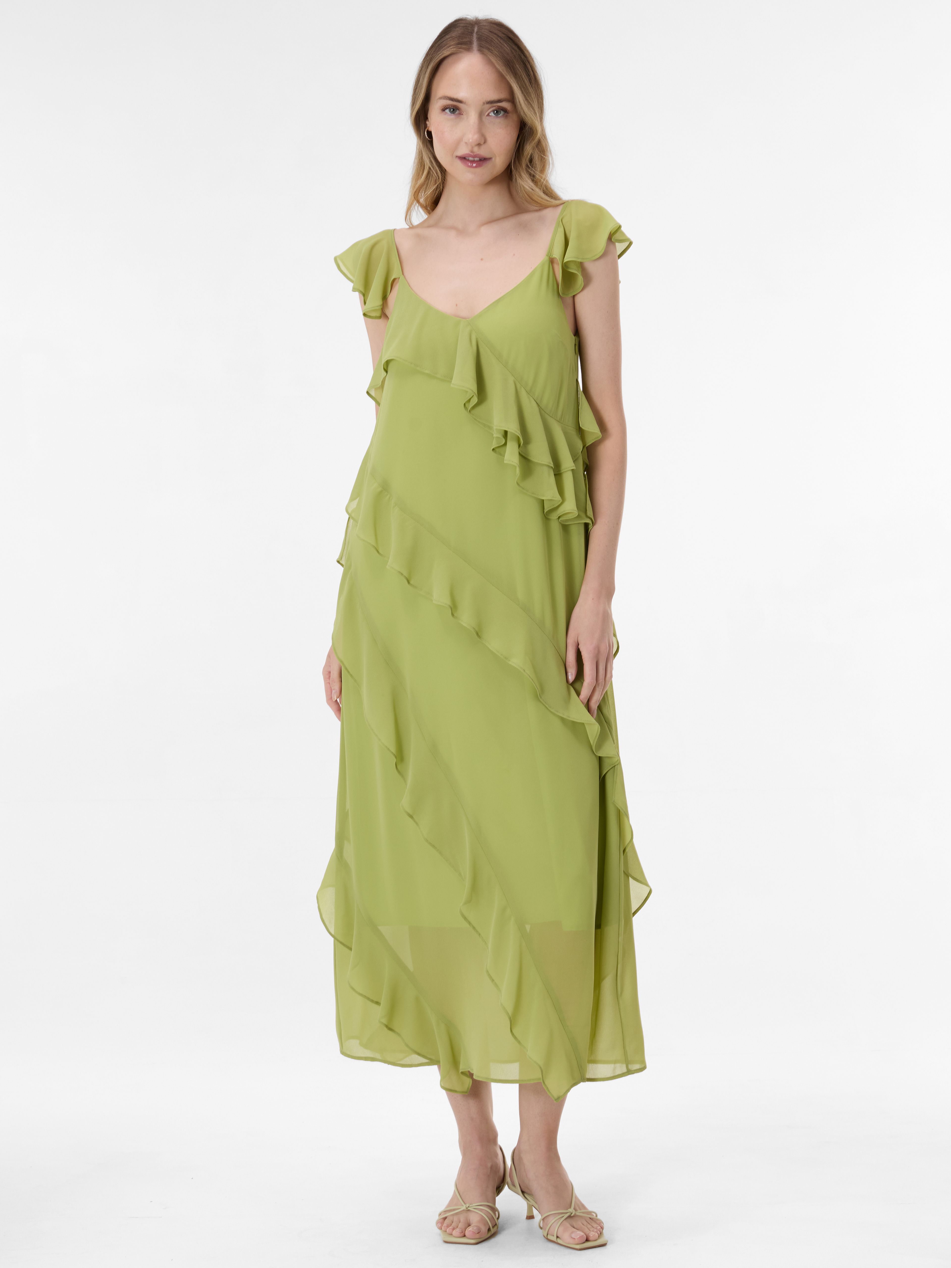 Hellgrünes Damen-Maxikleid in A-Linie mit Volants ORSAY - 004