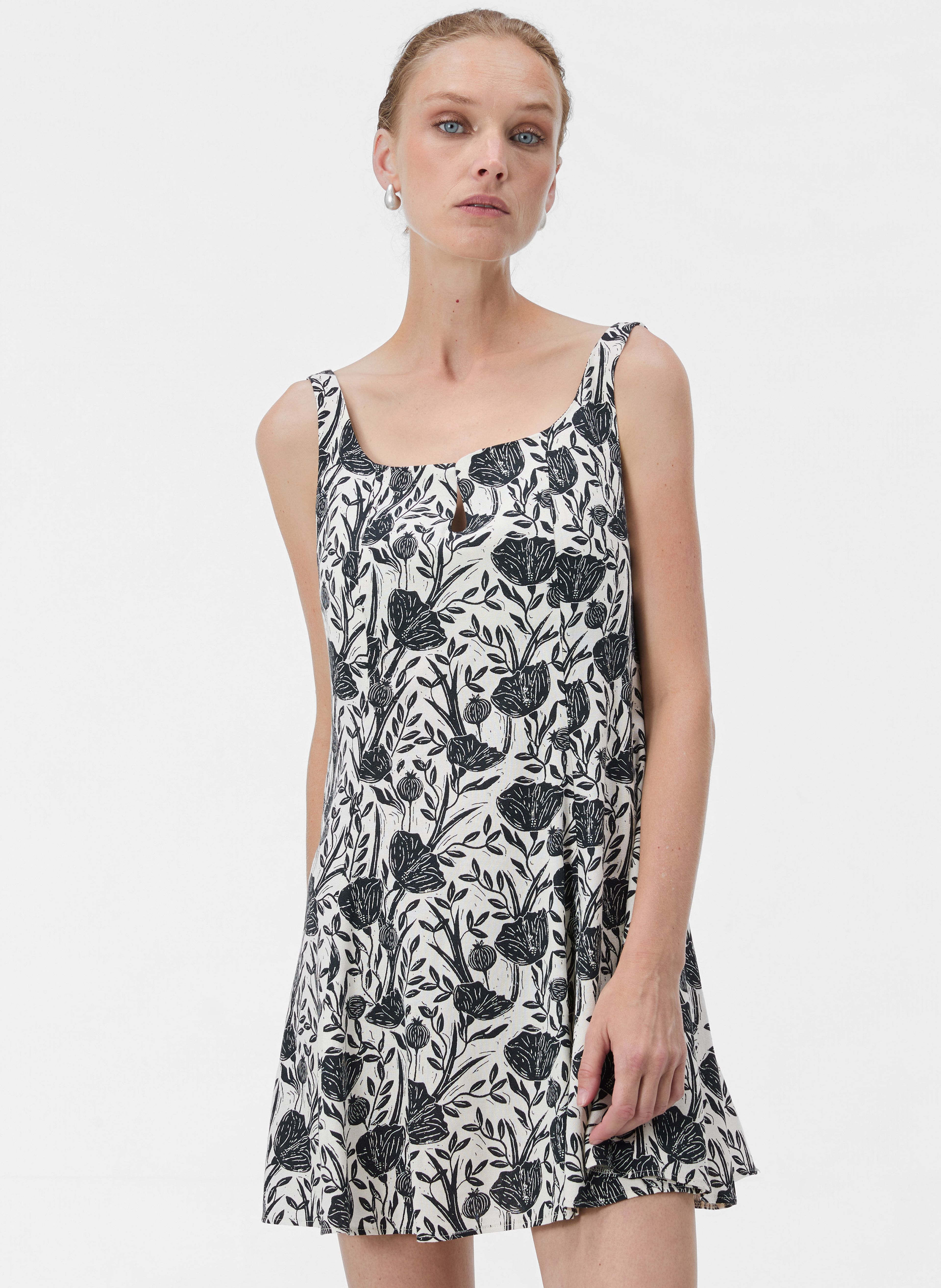 Rochie scurtă pentru femei neagră în linie A, cu bretele și imprimeu floral ORSAY - 002