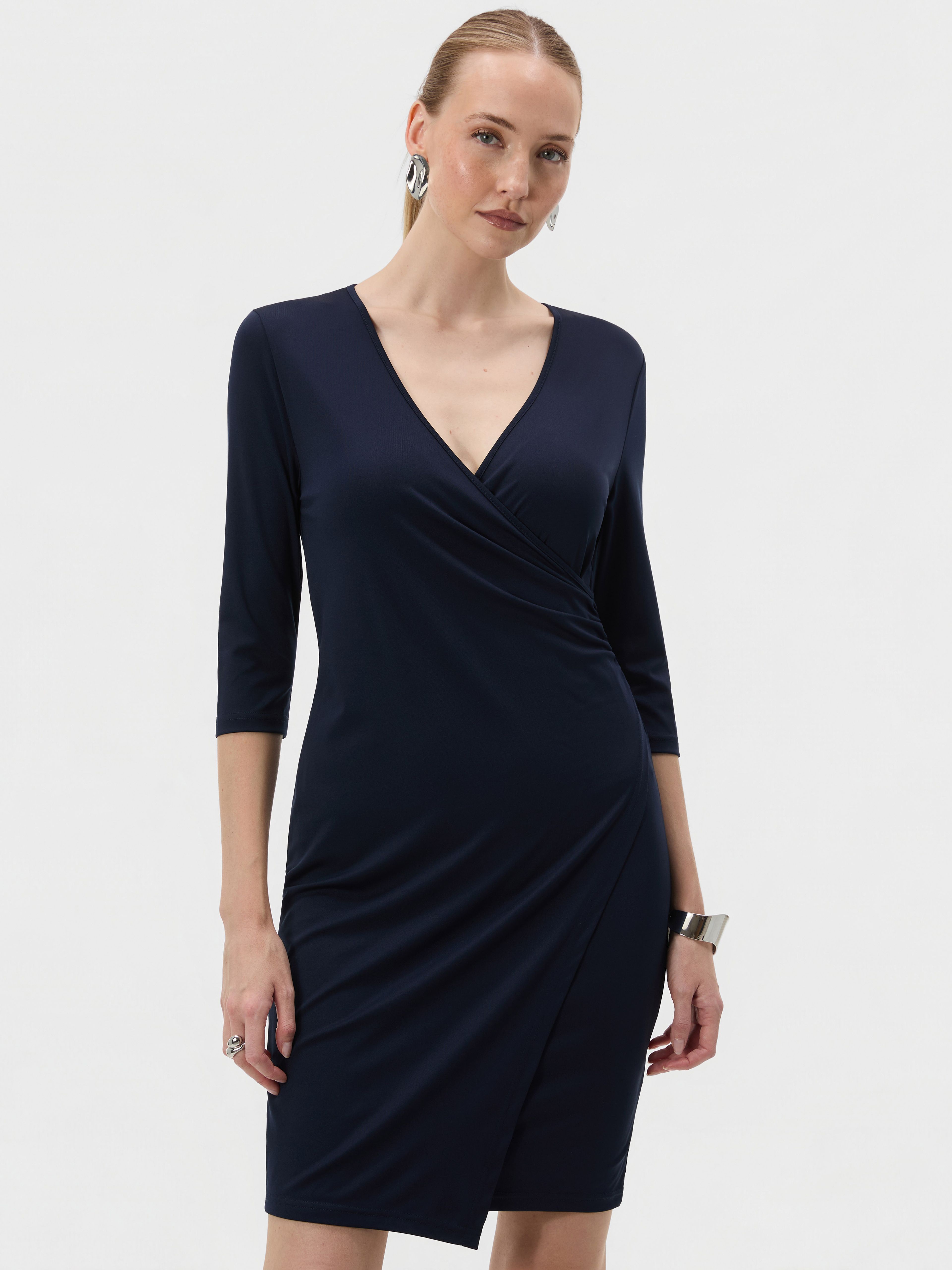 Dunkelblaues kurzes Damen-Wickelkleid mit V-Ausschnitt und 3/4-Ärmeln ORSAY - 001