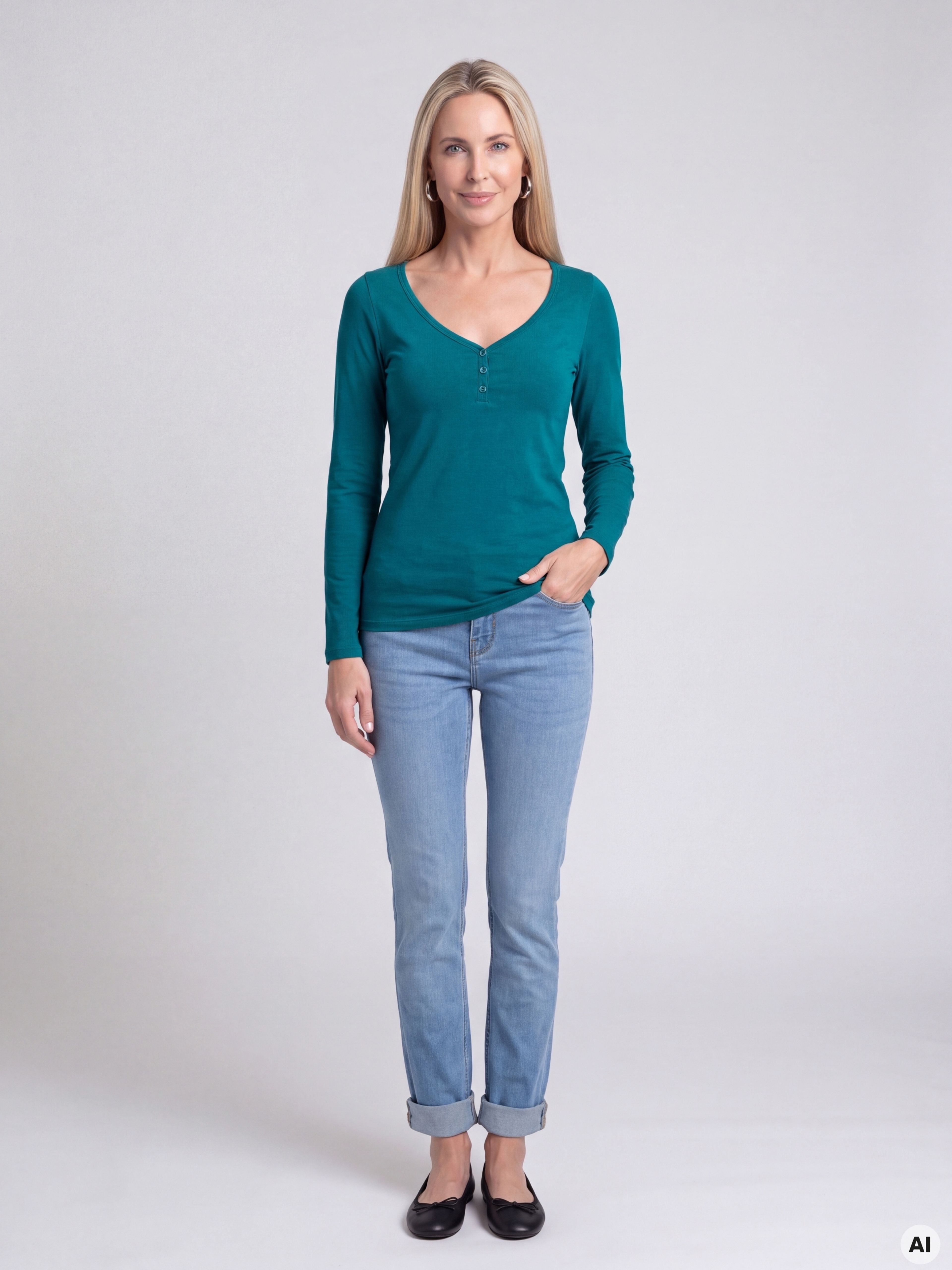 Tricou pentru femei turcoaz cu mâneci lungi ORSAY - 003