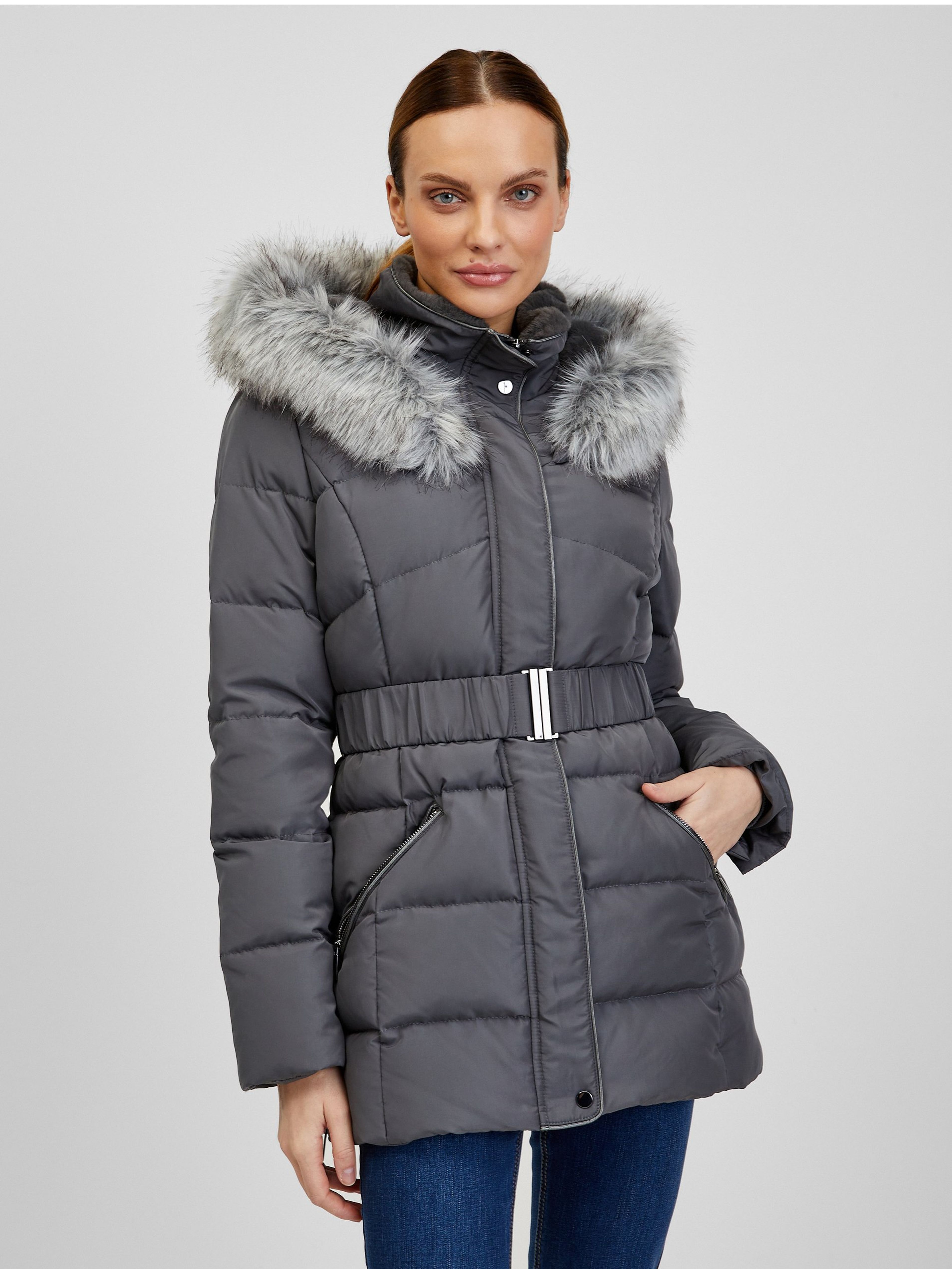 Dunkelgraue Damen-Winter-Steppjacke mit Gürtel ORSAY